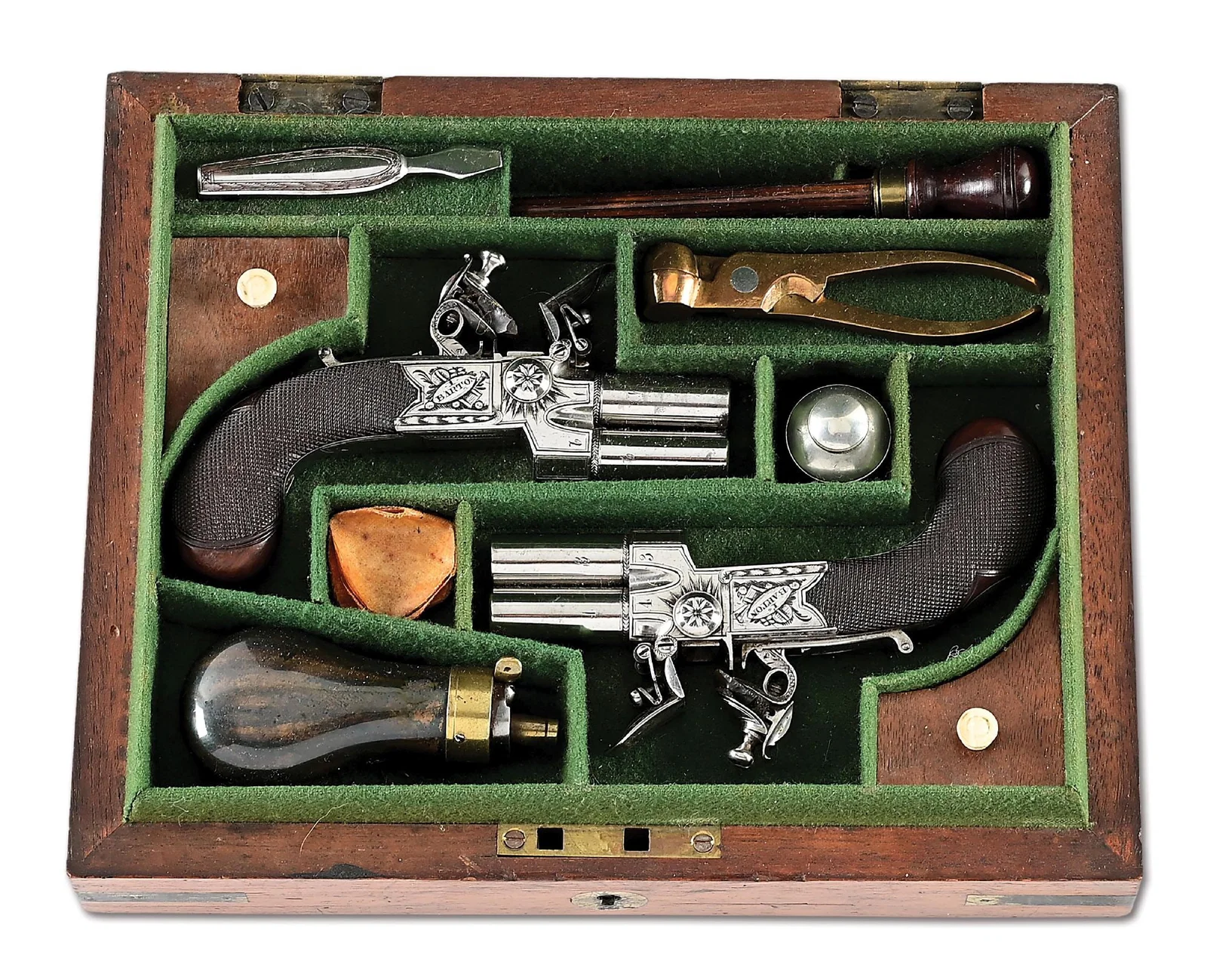 (A) FINE CASED PAIR OF DIMINUTIVE BRITISH FLINTLOCK TAP-ACTION POCKET PISTOL BY BARTON.