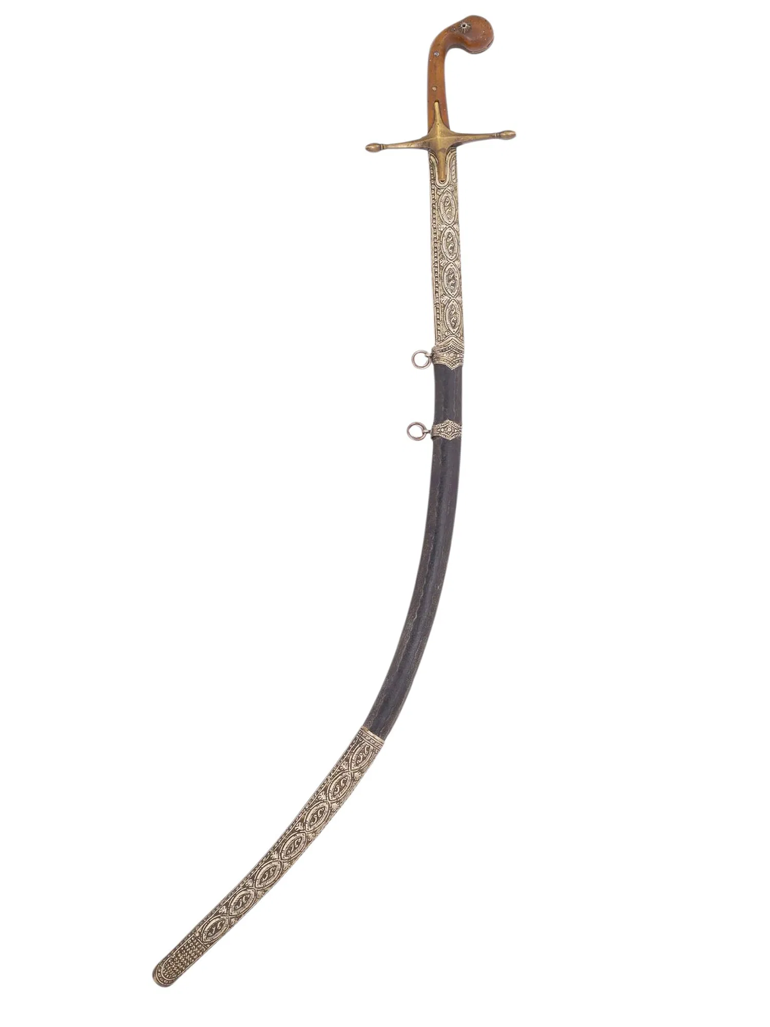 A FINE OTTOMAN TURKISH WOOTZ SHAMSHIR SWORD WITH SILVER-MOUNTED SCABBARD, 19TH CENTURY
