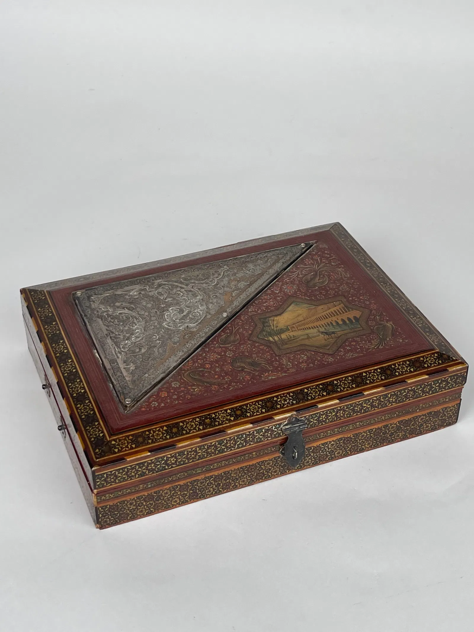 A Fine Persian Hand Painted, Khatam Kari Mounted Silver Jewelry Box