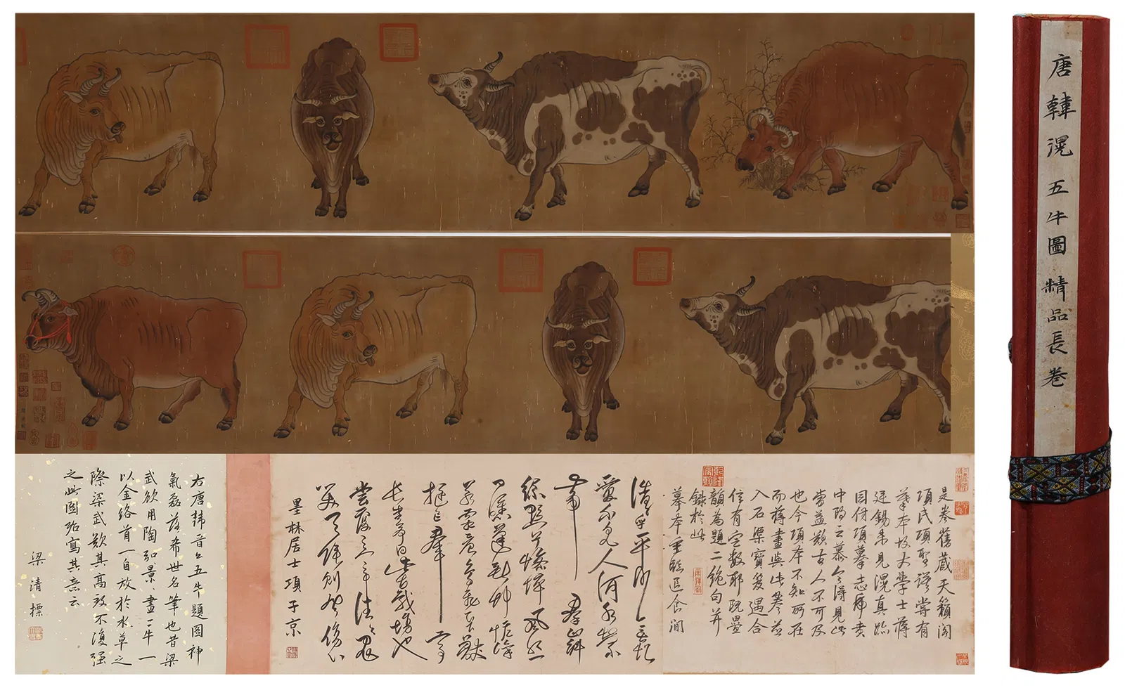 A FIVE OXEN PAINTING HANDSCROLL ON SILK BY HAN HUANG.韓滉