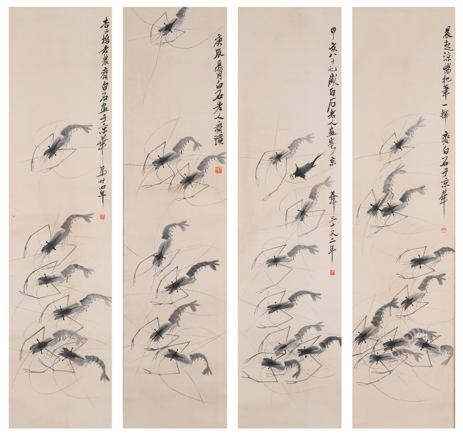 A FLOCK OF SHRIMPS PAINTING ON PAPER (SET OF 4) BY QI BAISHI.齊白石