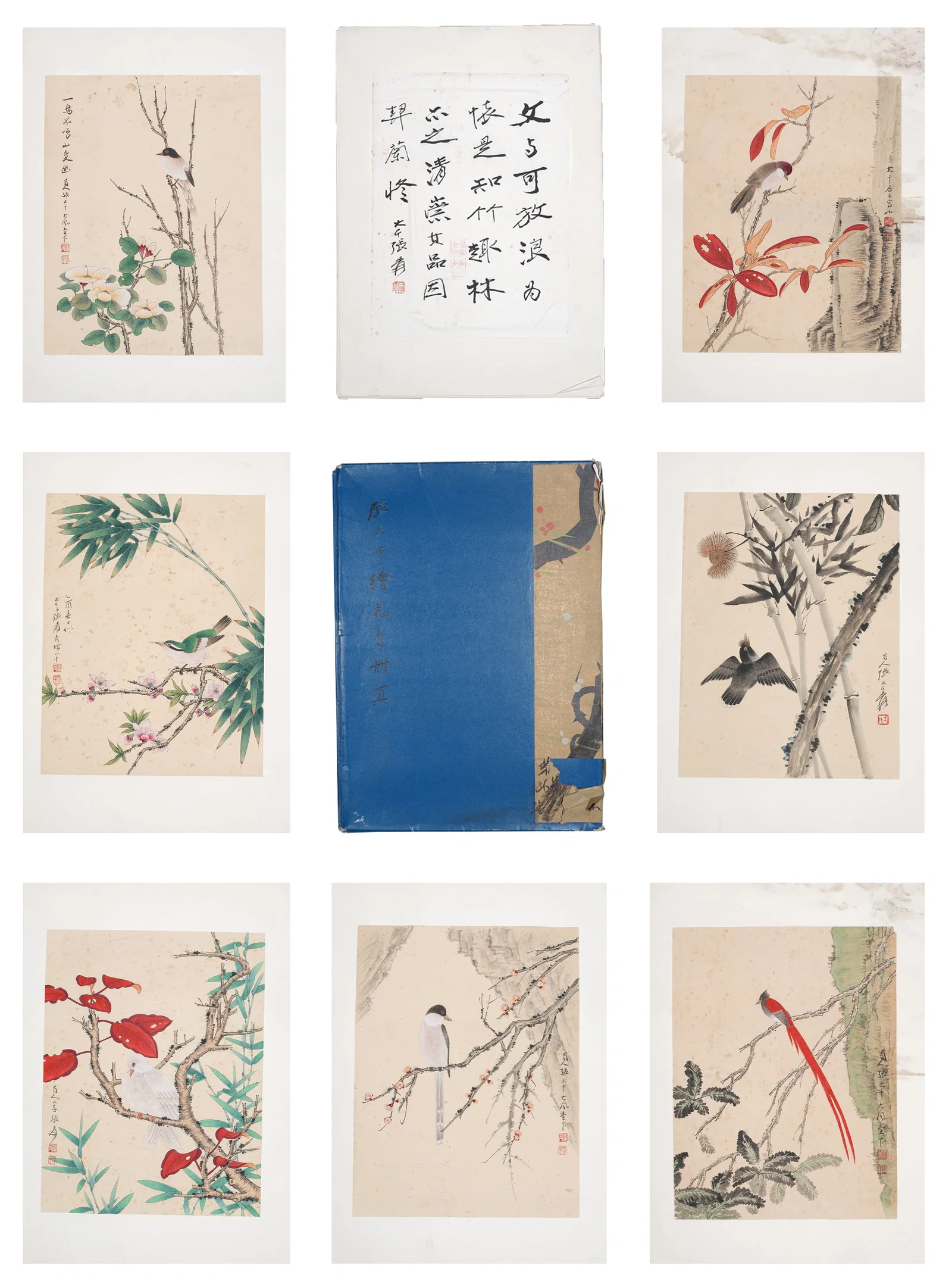 A FLOWER-AND-BIRD PAINTING ALBUM LEAVES ON PAPER (20 PAGES) BY ZHANG DAQIAN.張大千