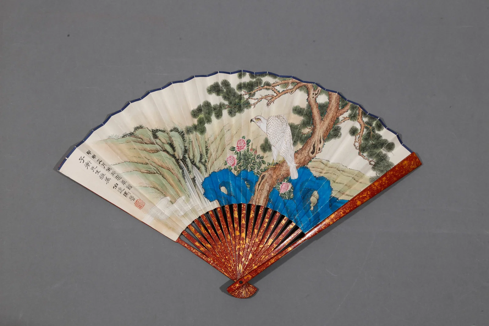A FLOWER AND BIRD PAINTING ON PAPER FAN BY MA JIN.馬晉