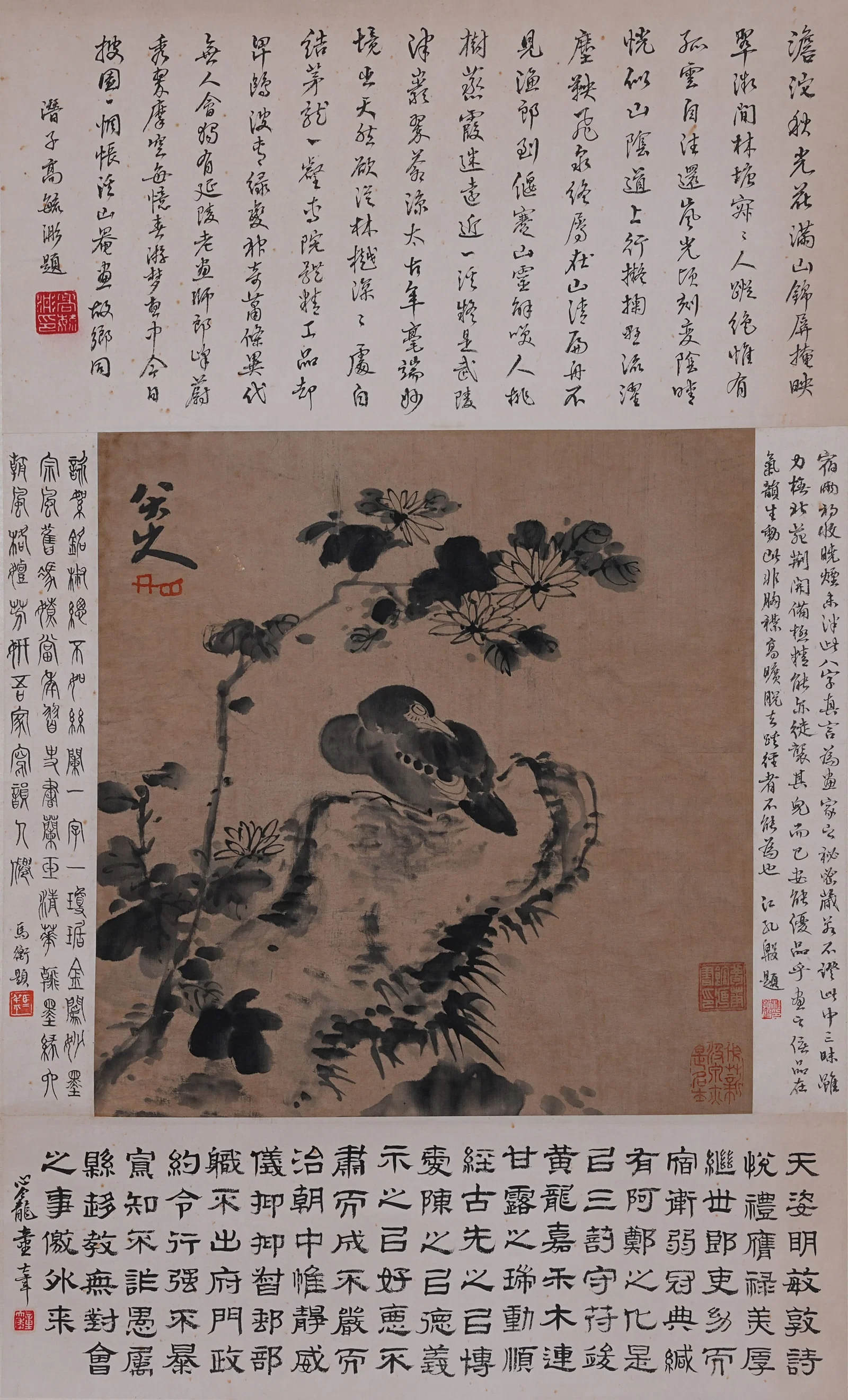 A FLOWER AND BIRD PAINTING ON SILK BY BADA SHANREN.八大山人
