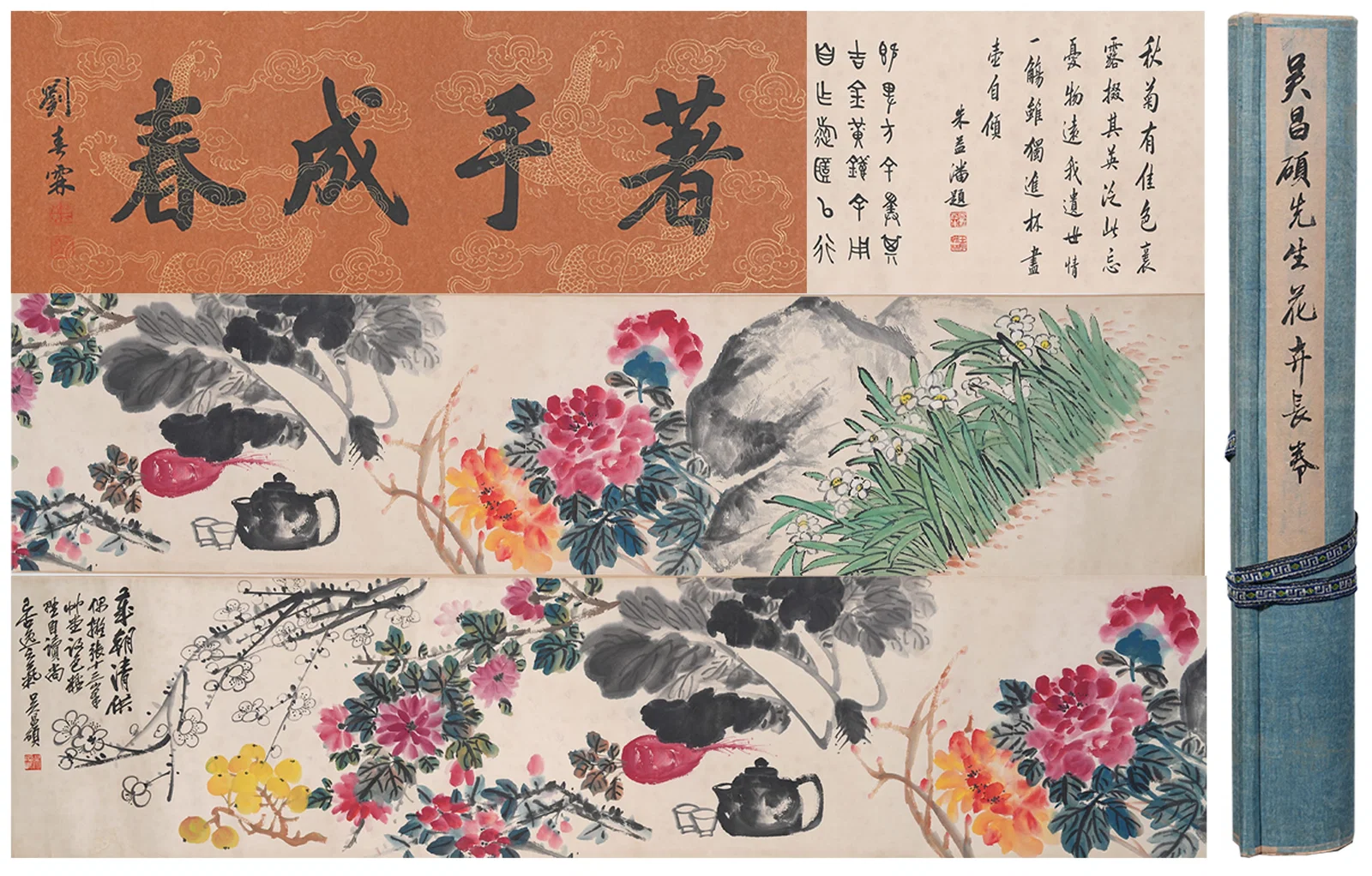 A FLOWER PAINTING HANDSCROLL ON PAPER BY WU CHANGSHUO.吳昌碩