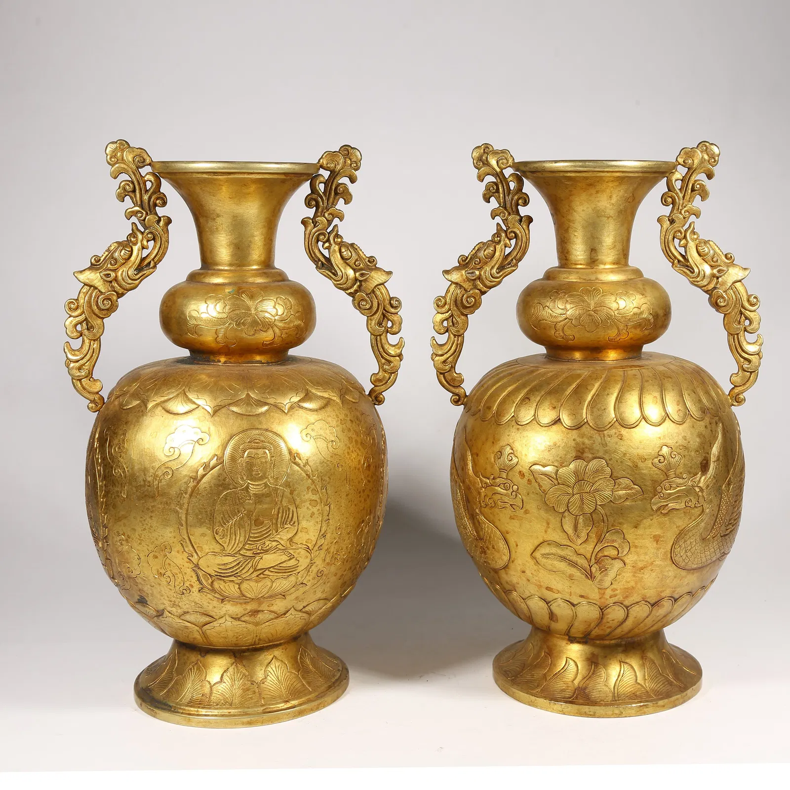 A GILDED BRONZE DRAGON-HANDLED VASES, PAIR