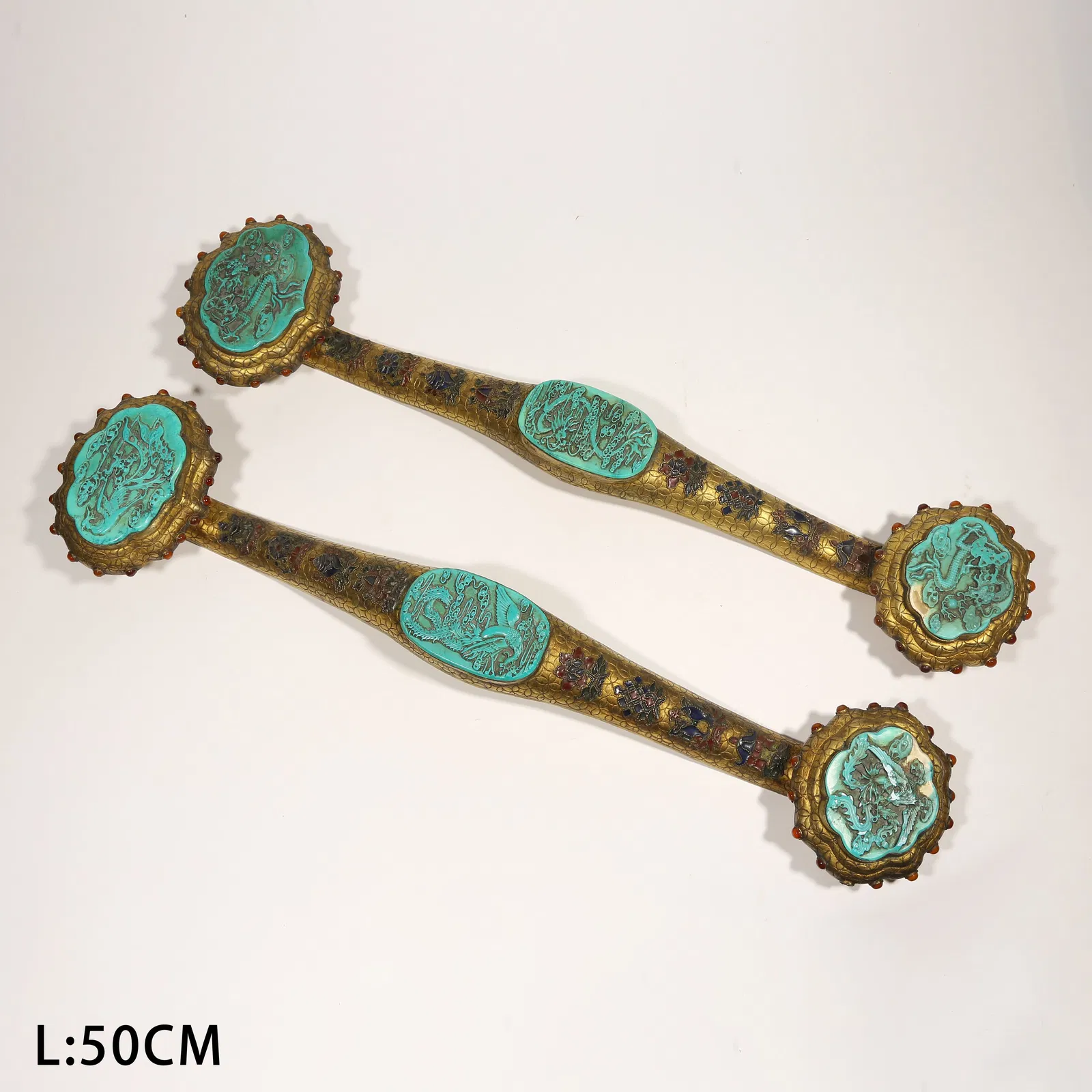 A GILDED BRONZE RUYI SCEPTERS WITH CLOISONNÉ AND TURQUOISE, DRAGON AND PHOENIX PATTERN, PAIR