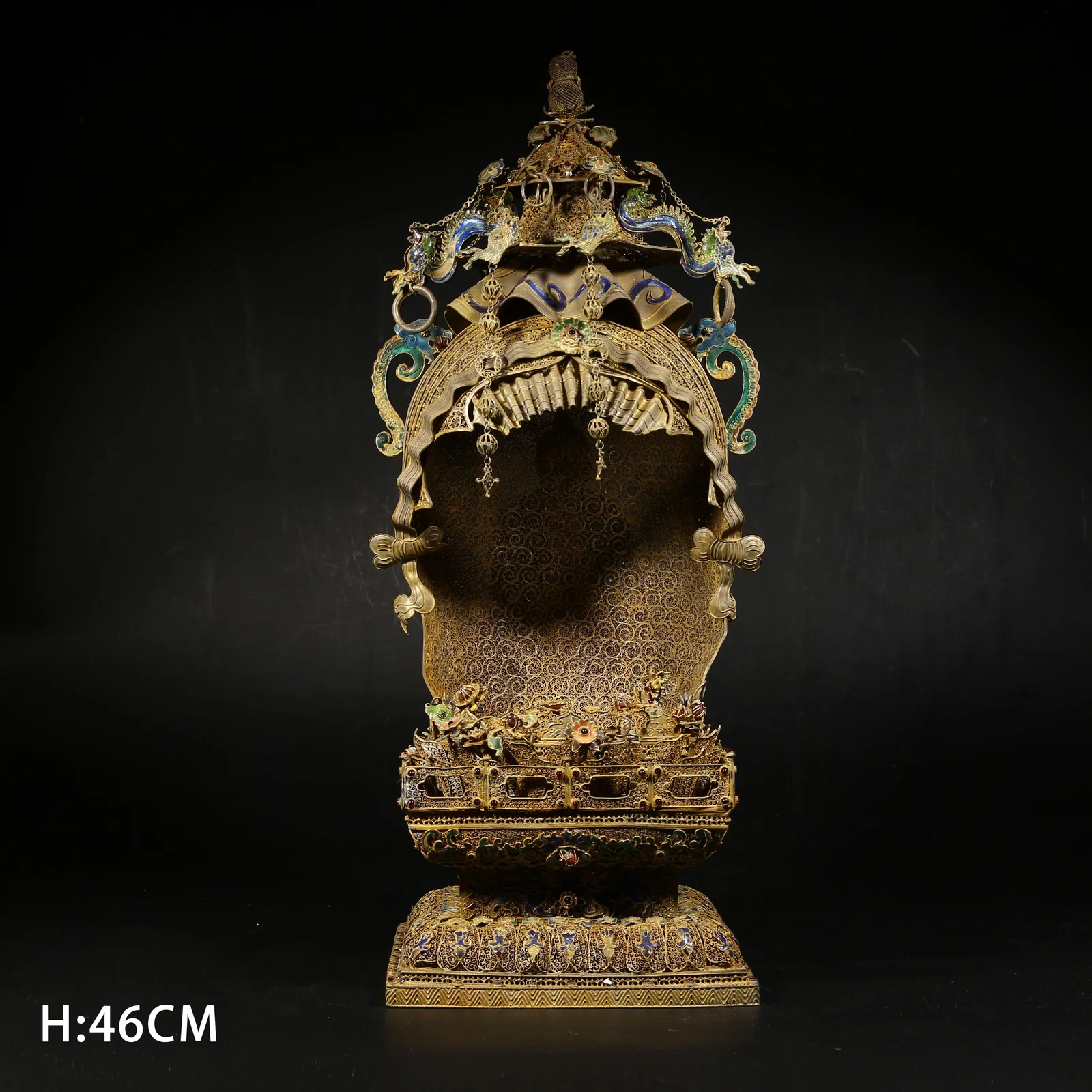 A GILDED SILVER FILIGREE CLOISONNÉ BUDDHIST SHRINE