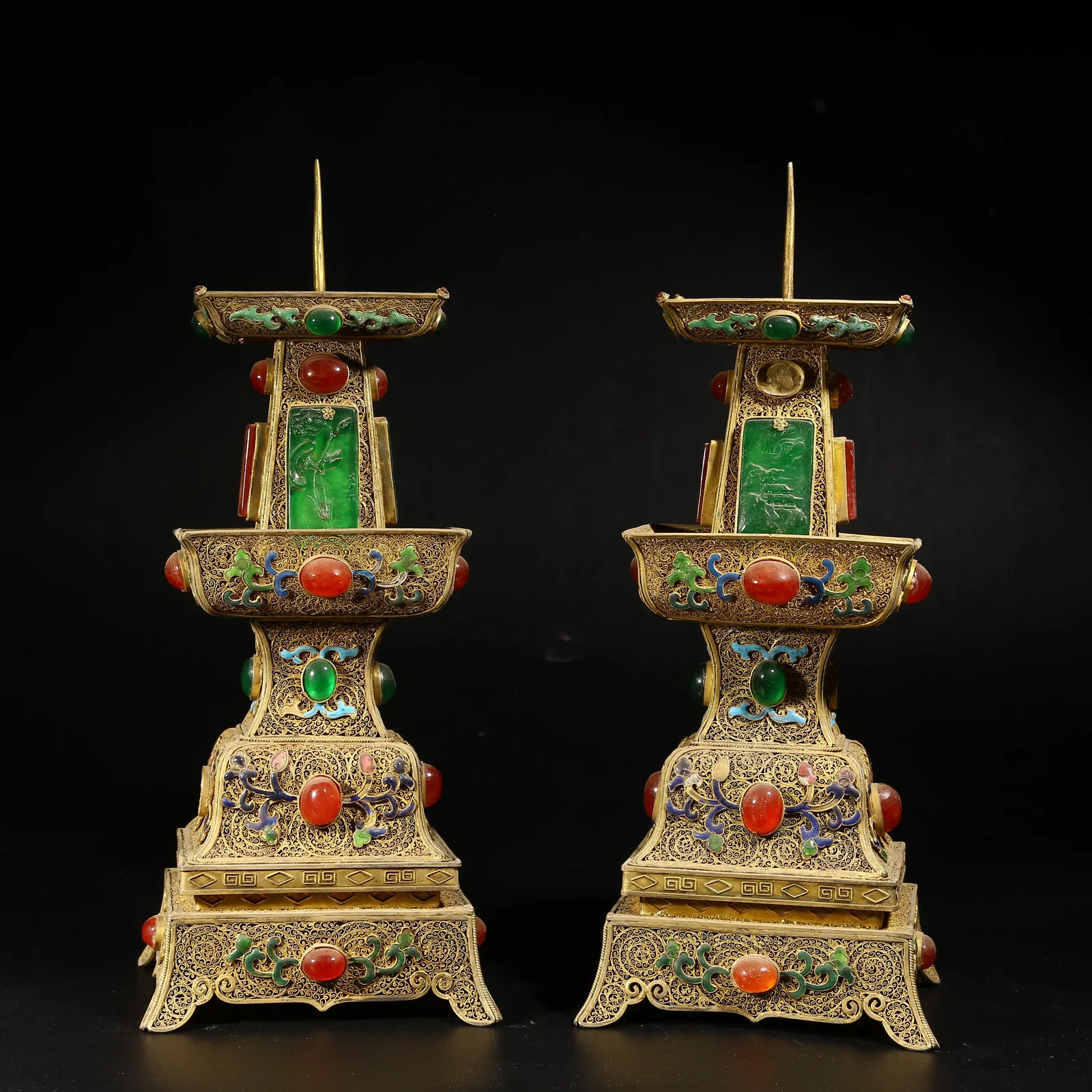 A GILDED SILVER FILIGREE CLOISONNÉ CANDLESTICK SET