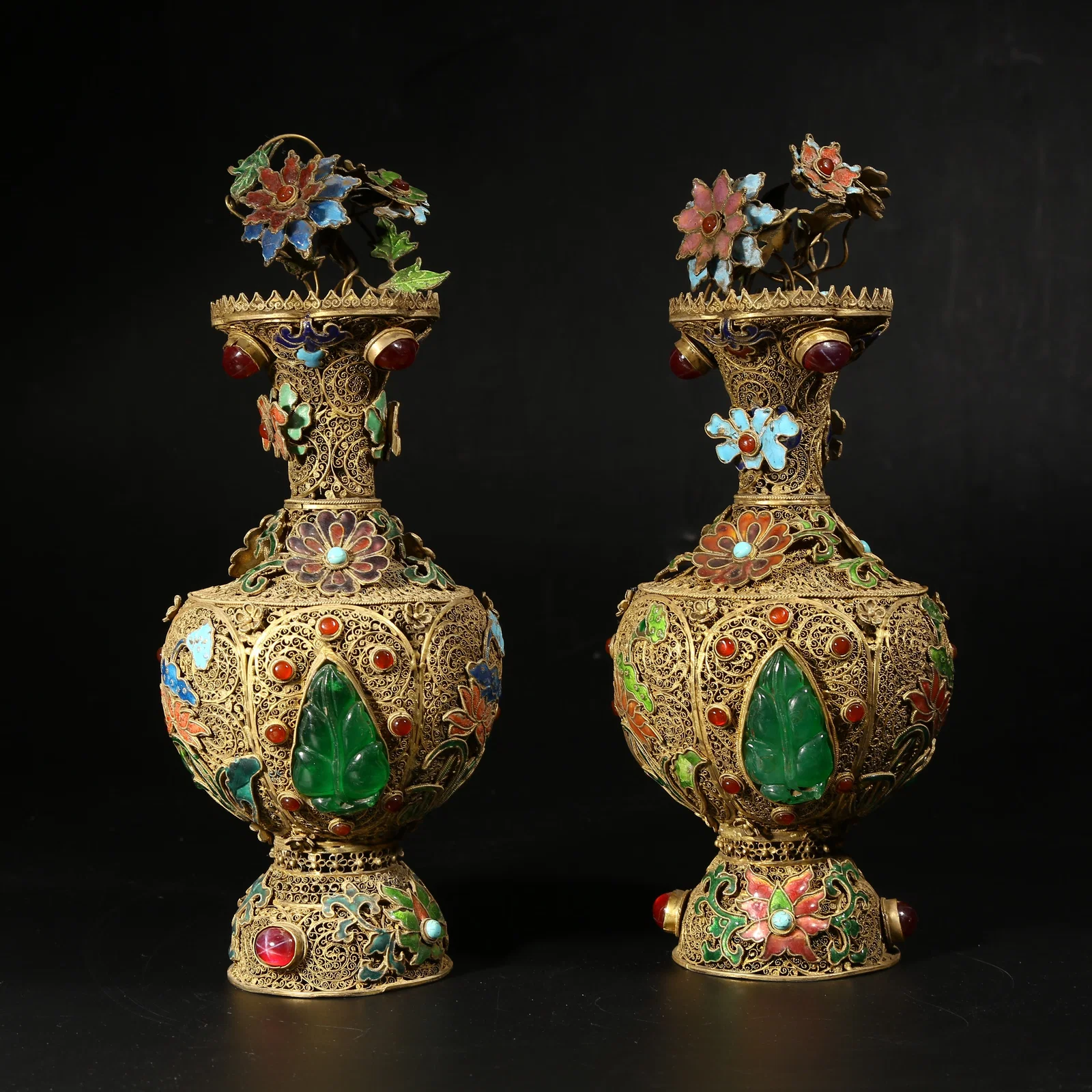 A GILDED SILVER FILIGREE CLOISONNÉ VASE SET