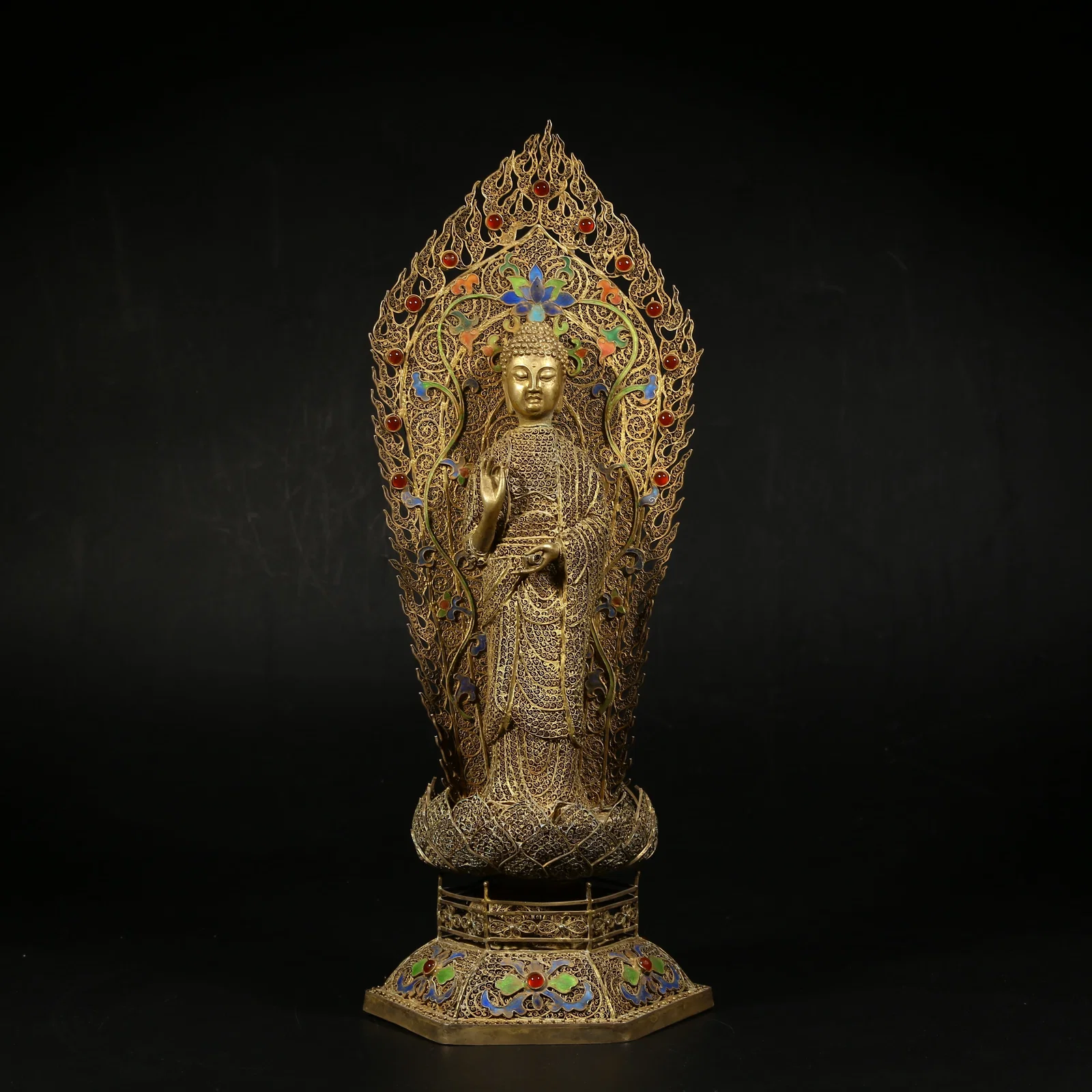 A GILDED SILVER FILIGREE STANDING BUDDHA SCULPTURE