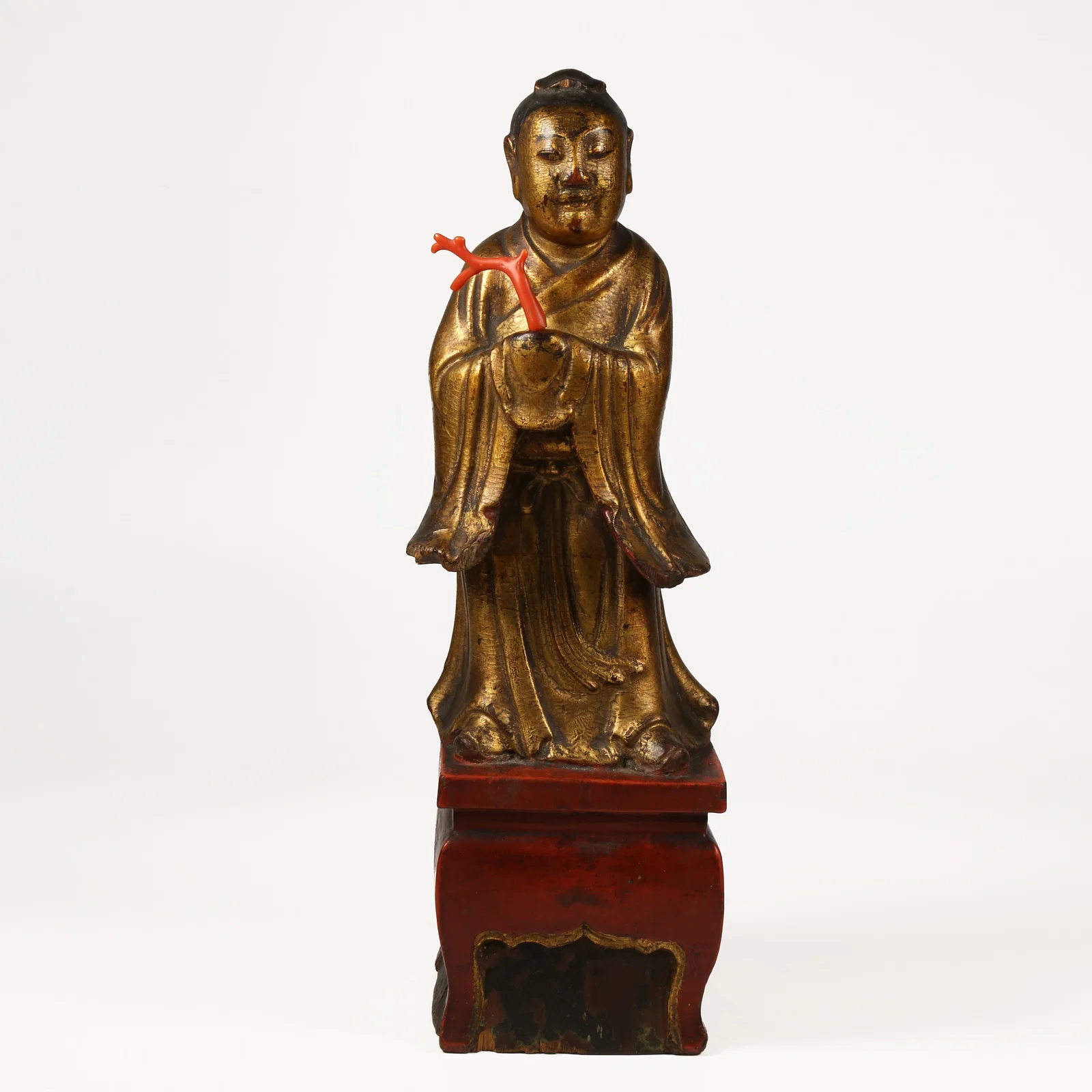 A GILDED WOODEN FIGURE OF LU XING (GOD OF PROSPERITY)