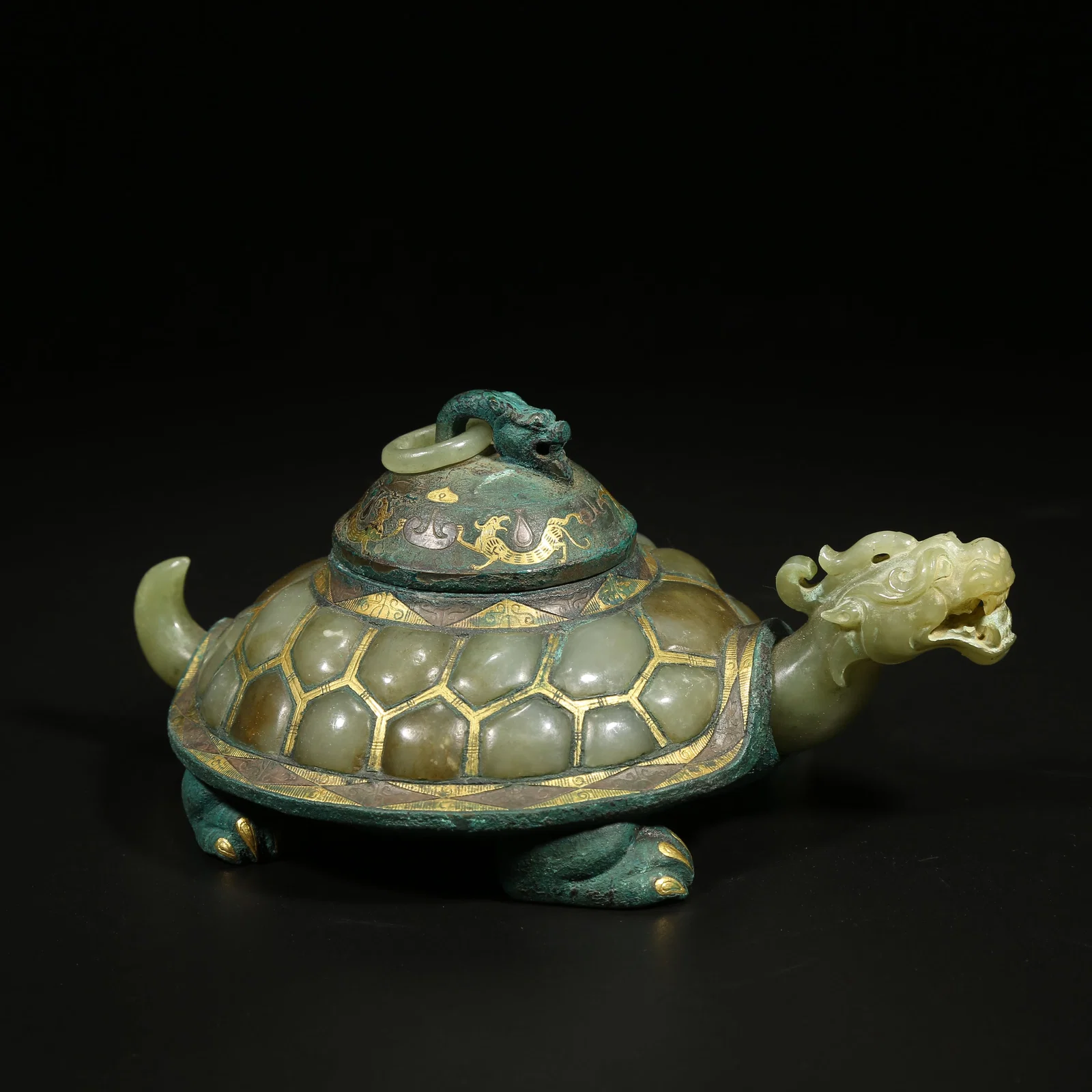 A GILT AND SILVER INLAID BRONZE DRAGON-TURTLE INCENSE BURNER WITH HETIAN JADE INLAY