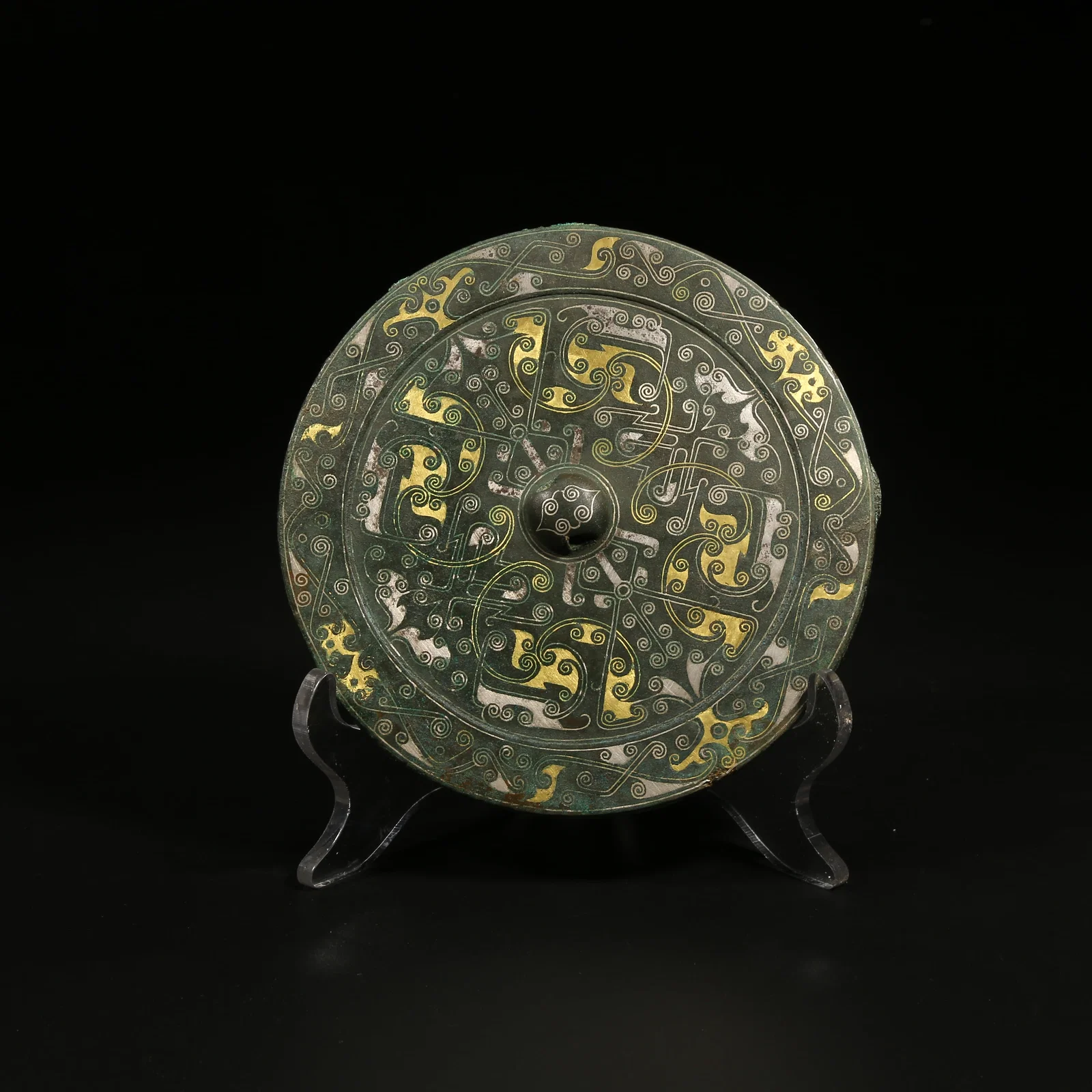 A GILT AND SILVER INLAID BRONZE MIRROR