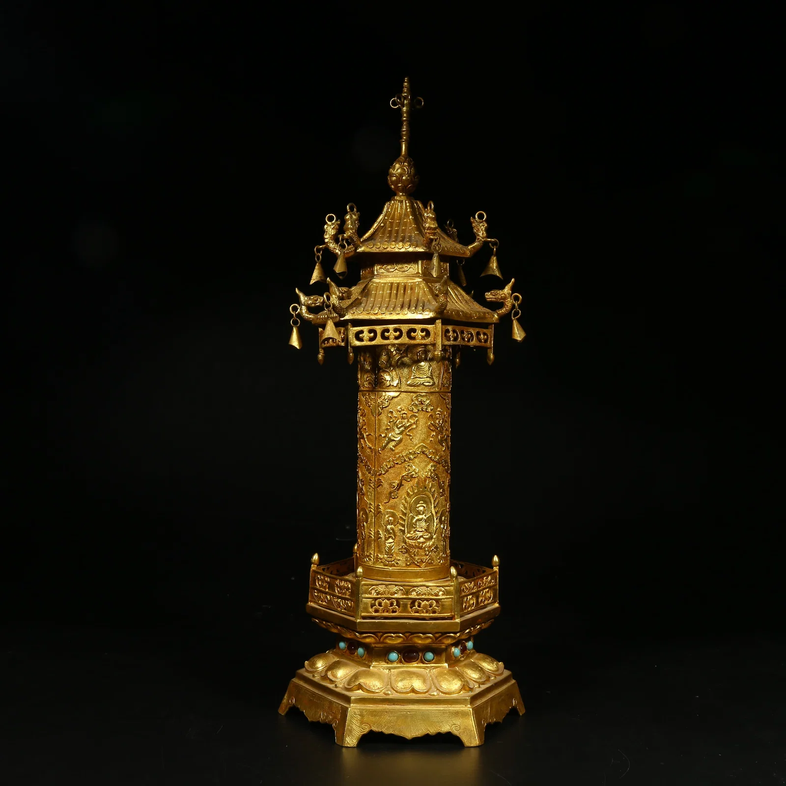 A GILT-BRONZE AND GEM-INLAID STUPA