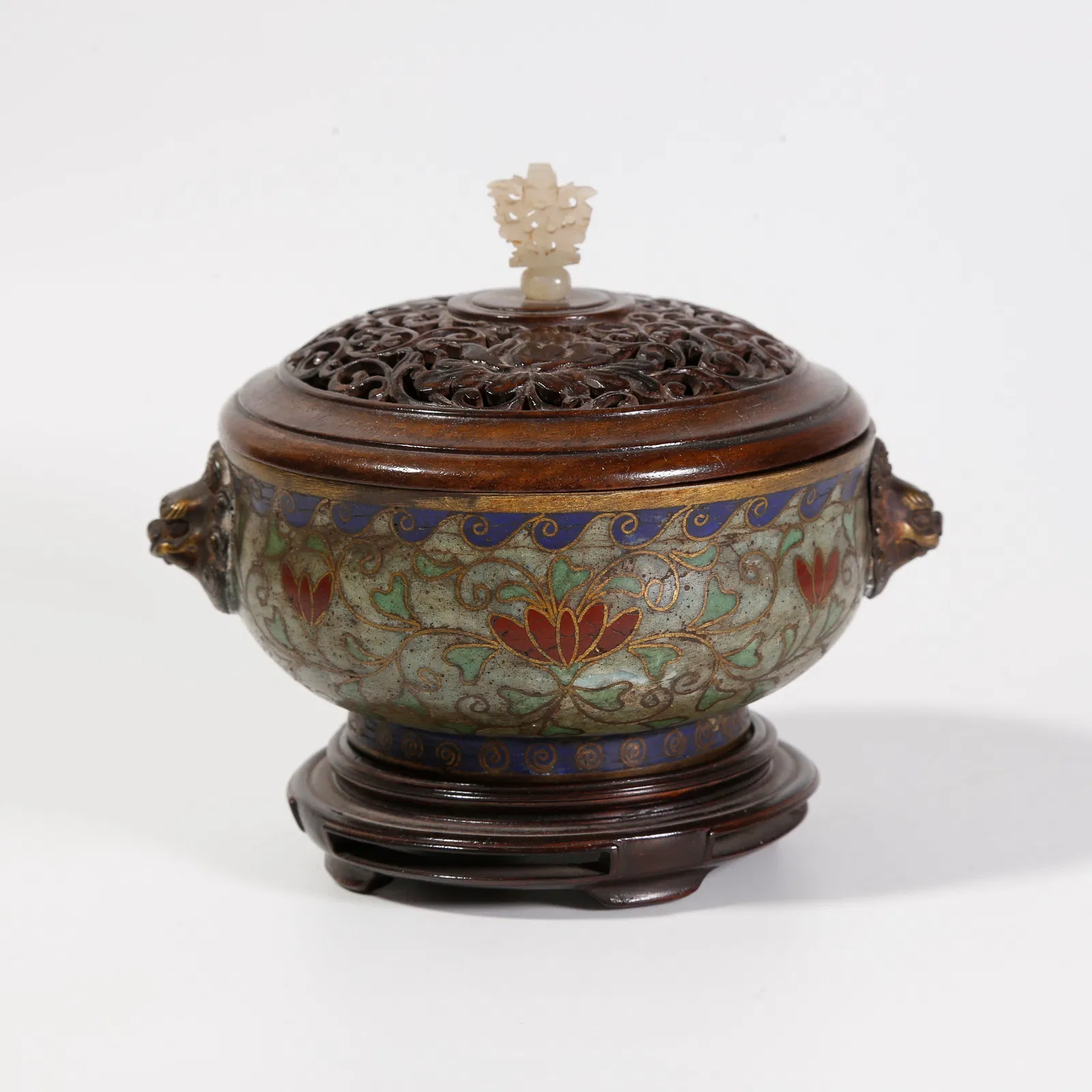 A GILT-BRONZE CLOISONNÉ ENAMEL INCENSE BURNER WITH DOUBLE-BEAST HANDLES
