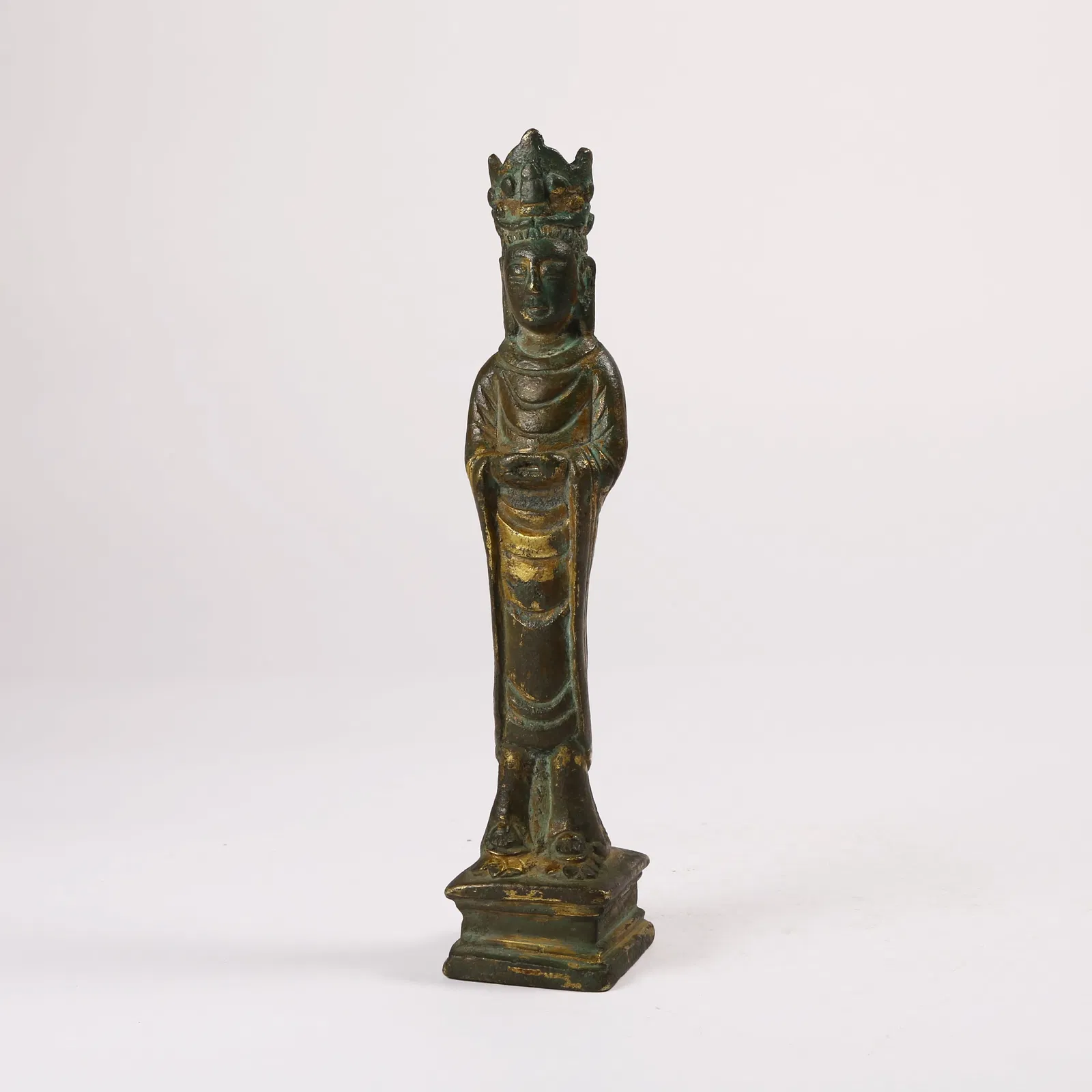 A GILT BRONZE STANDING BODHISATTVA WITH CROWN
