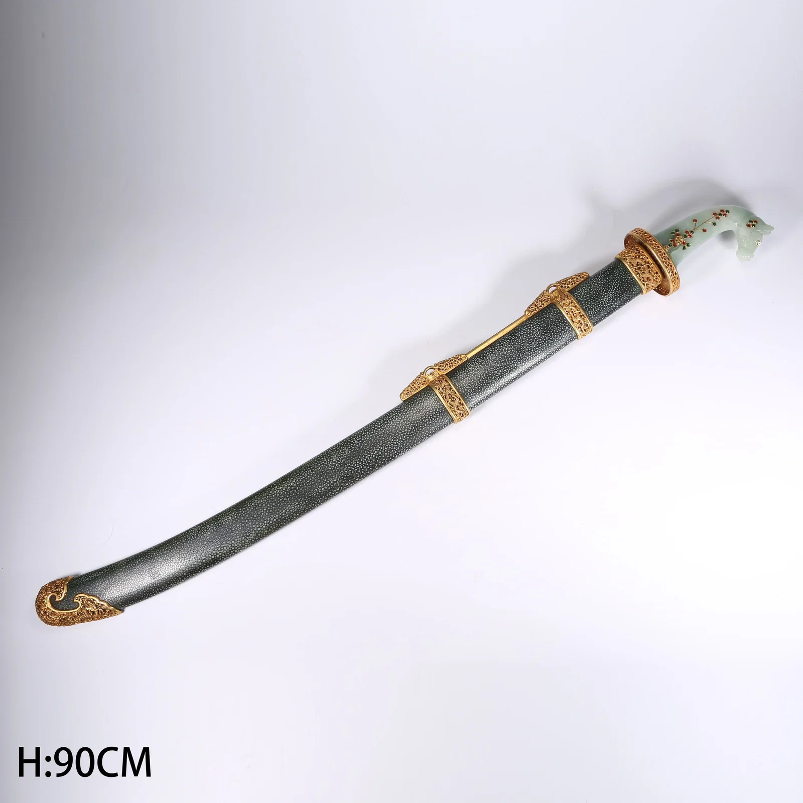 A GILT-BRONZE WAIST SWORD WITH JADE-INLAID HORSE HANDLE AND SHARKSKIN SHEATH