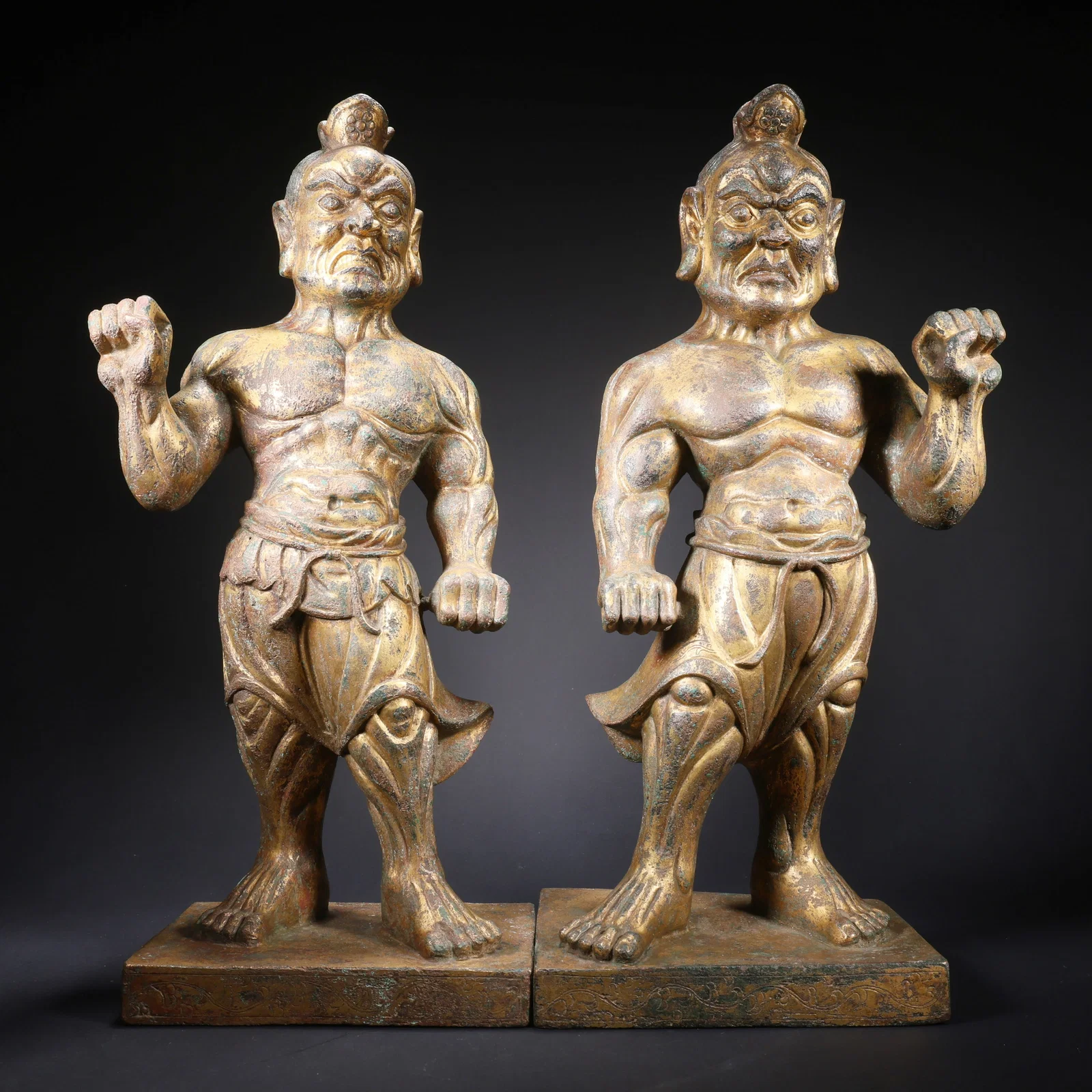 A GILT BRONZE WARRIOR FIGURINE PAIR
