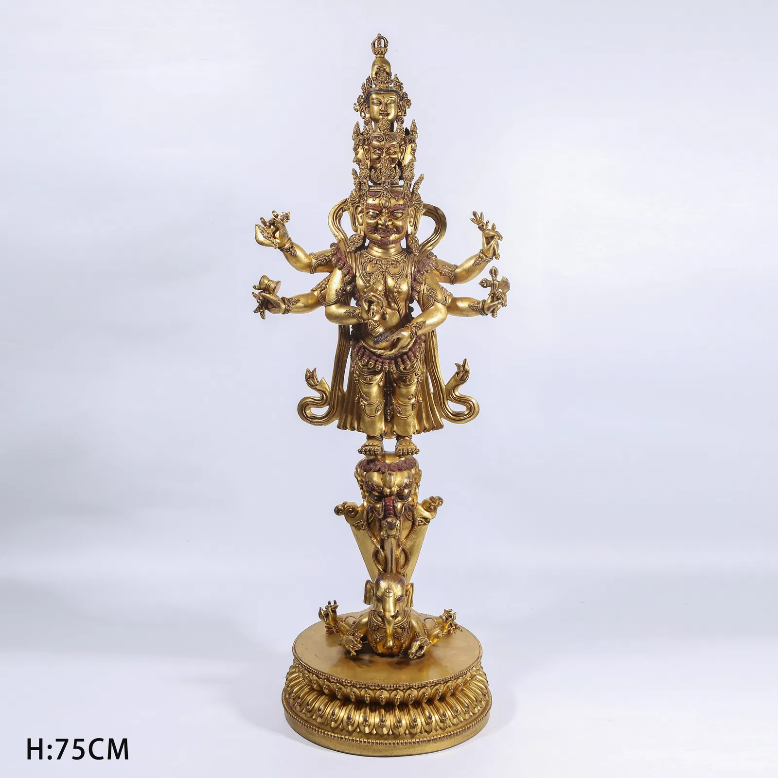 A GILT BRONZE WHITE SIX-ARMED MAHAKALA VAJRA HOE