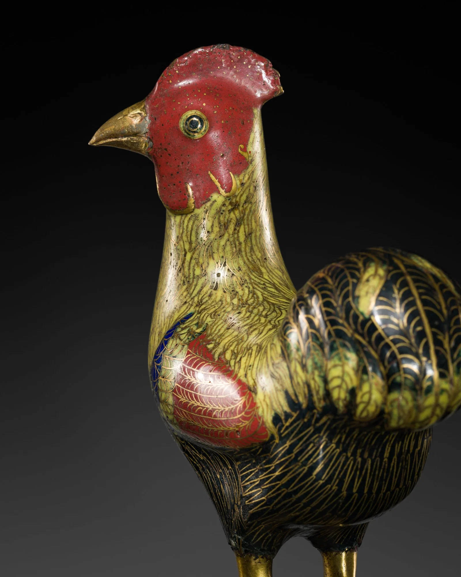 A GILT-COPPER AND CLOISONNE ENAMEL FIGURE OF A ROOSTER, QIANLONG PERIOD