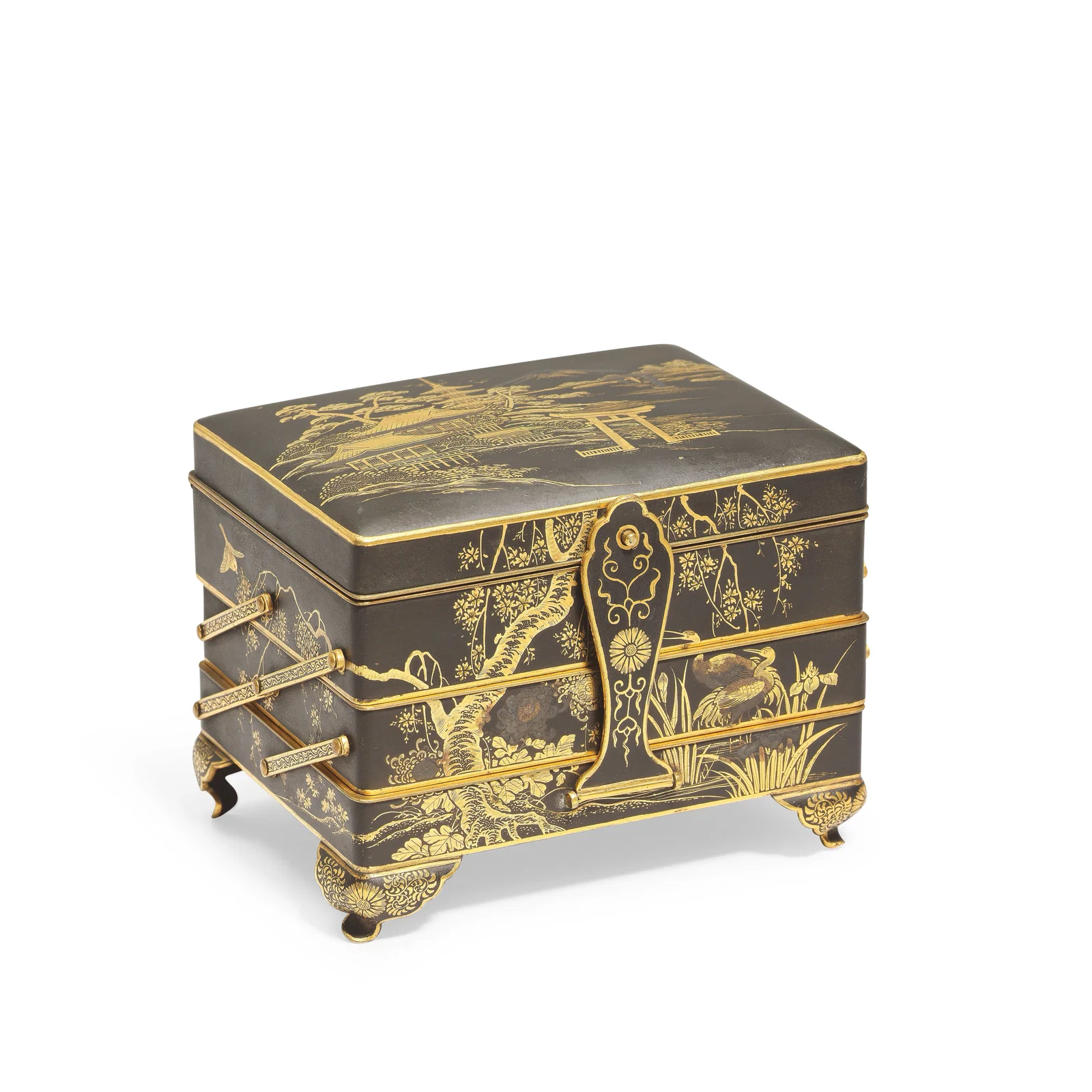 A GILT DAMASCENED IRON BOX AND COVER By the Fujii workshop, Meiji period
