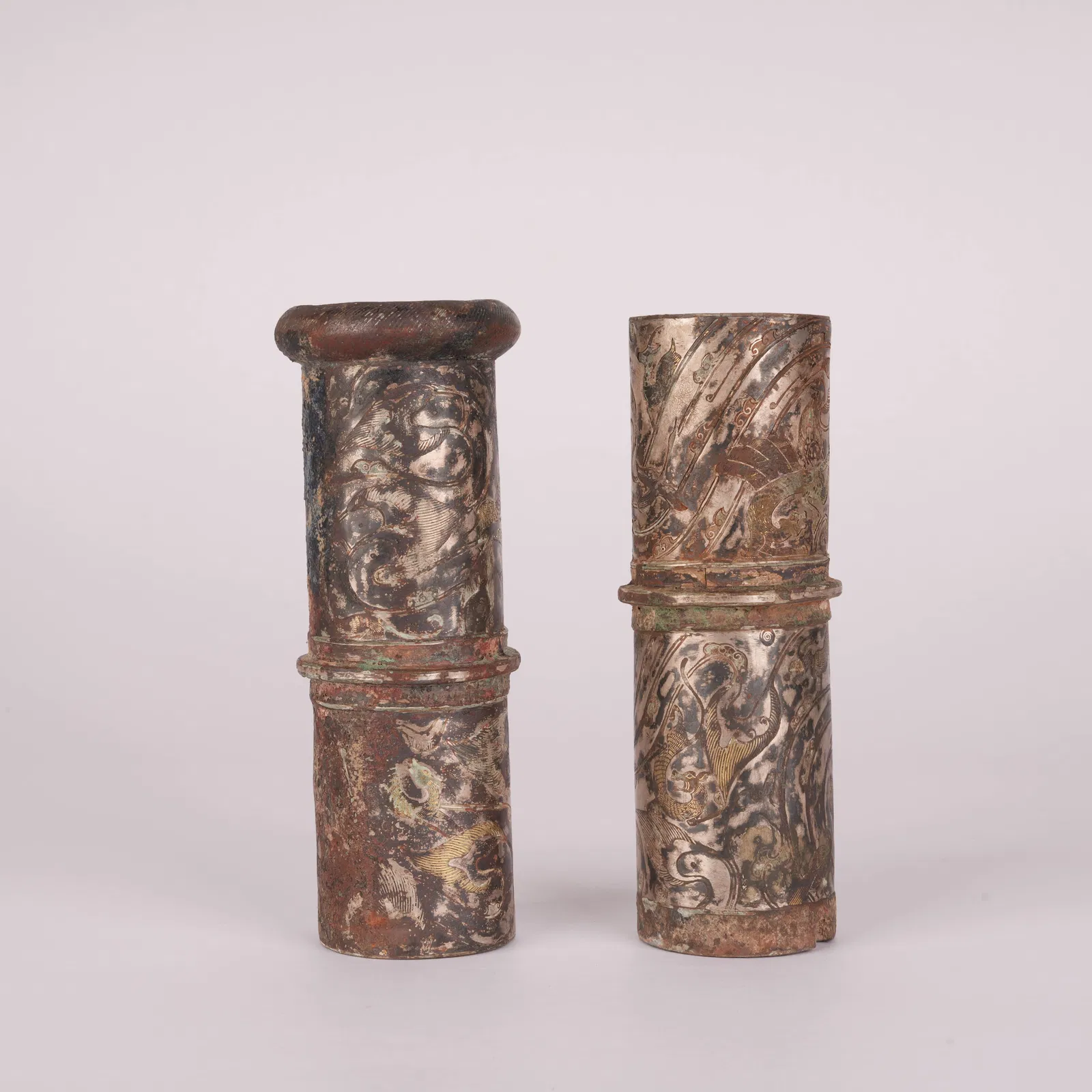 A GILT-SILVER BRONZE CYLINDER, HAN DYNASTY