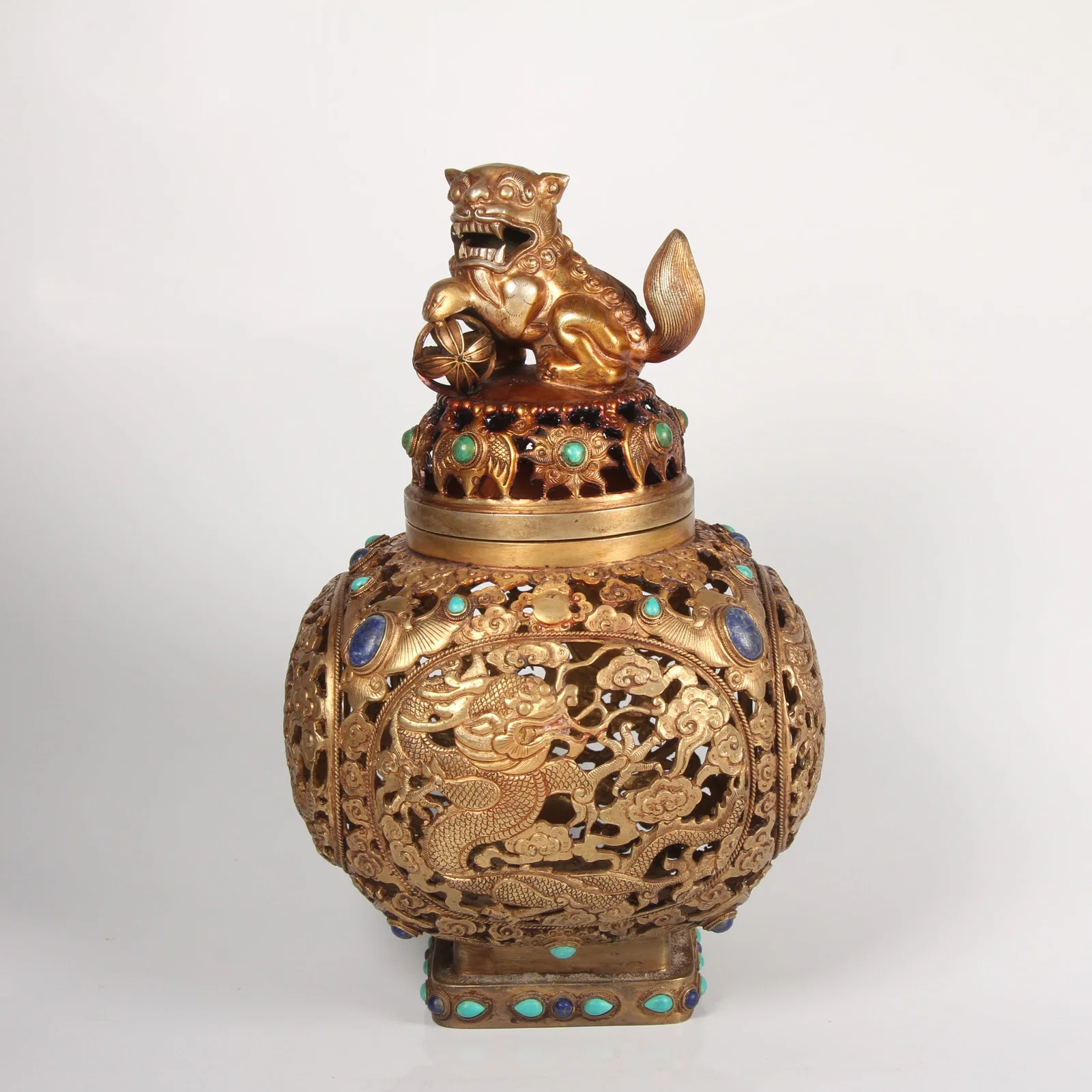 A GILT-SILVER INCENSE BURNER INLAID WITH GEMSTONE AND DRAGON MOTIF