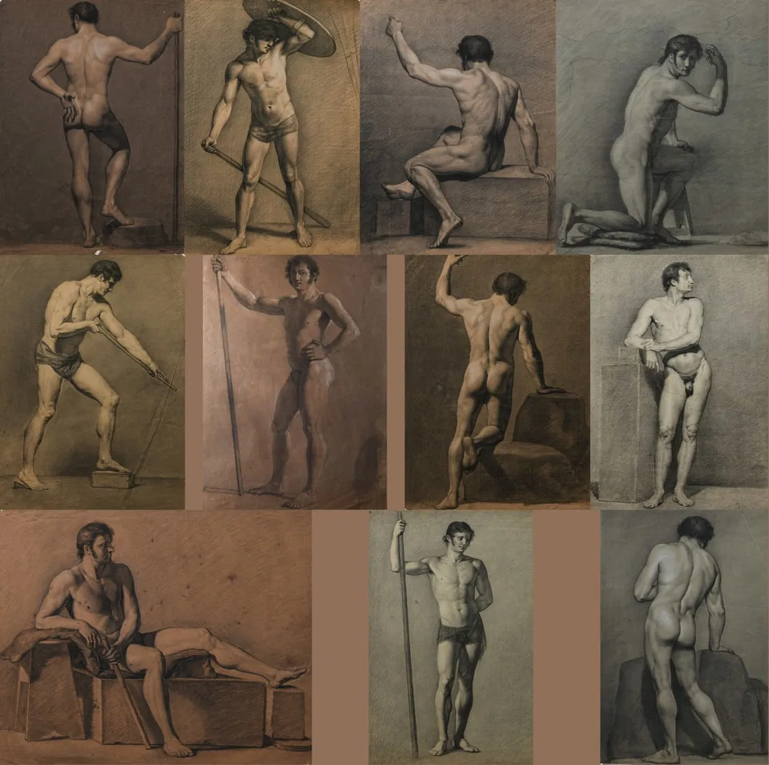 A Group of Eleven Academic Male Figure Studies