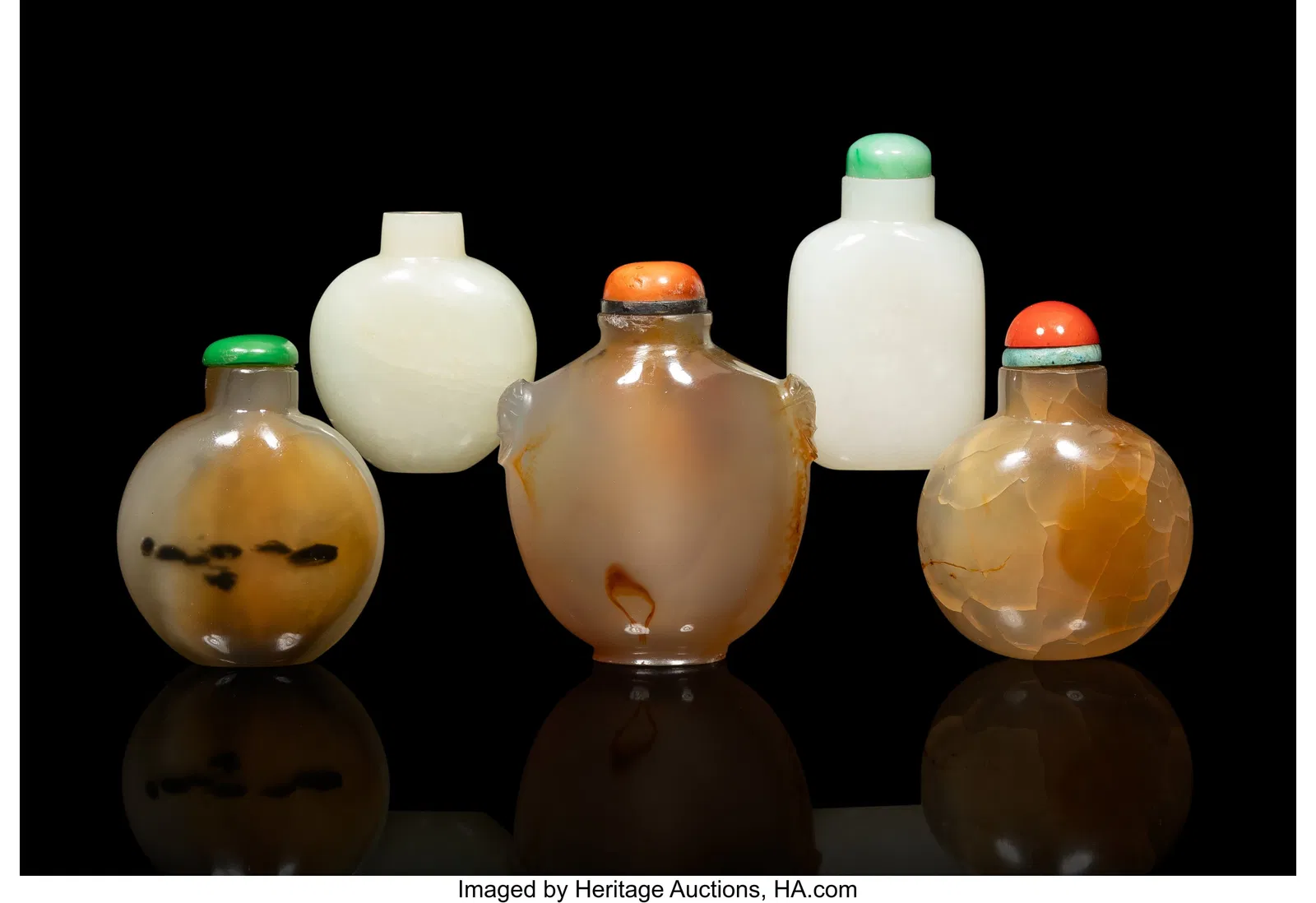 A Group of Five Chinese Jade and Agate Snuff Bot