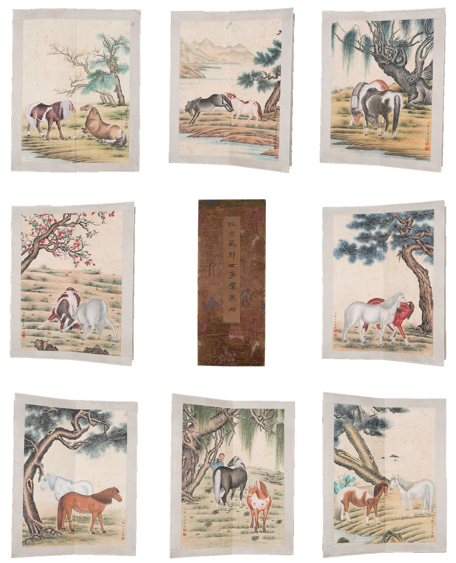 A GROUP OF HORSES PAINTING ALBUM LEAVES ON PAPER (9 PAGES) BY GIUSEPPE CASTIGLIONE.郎世
