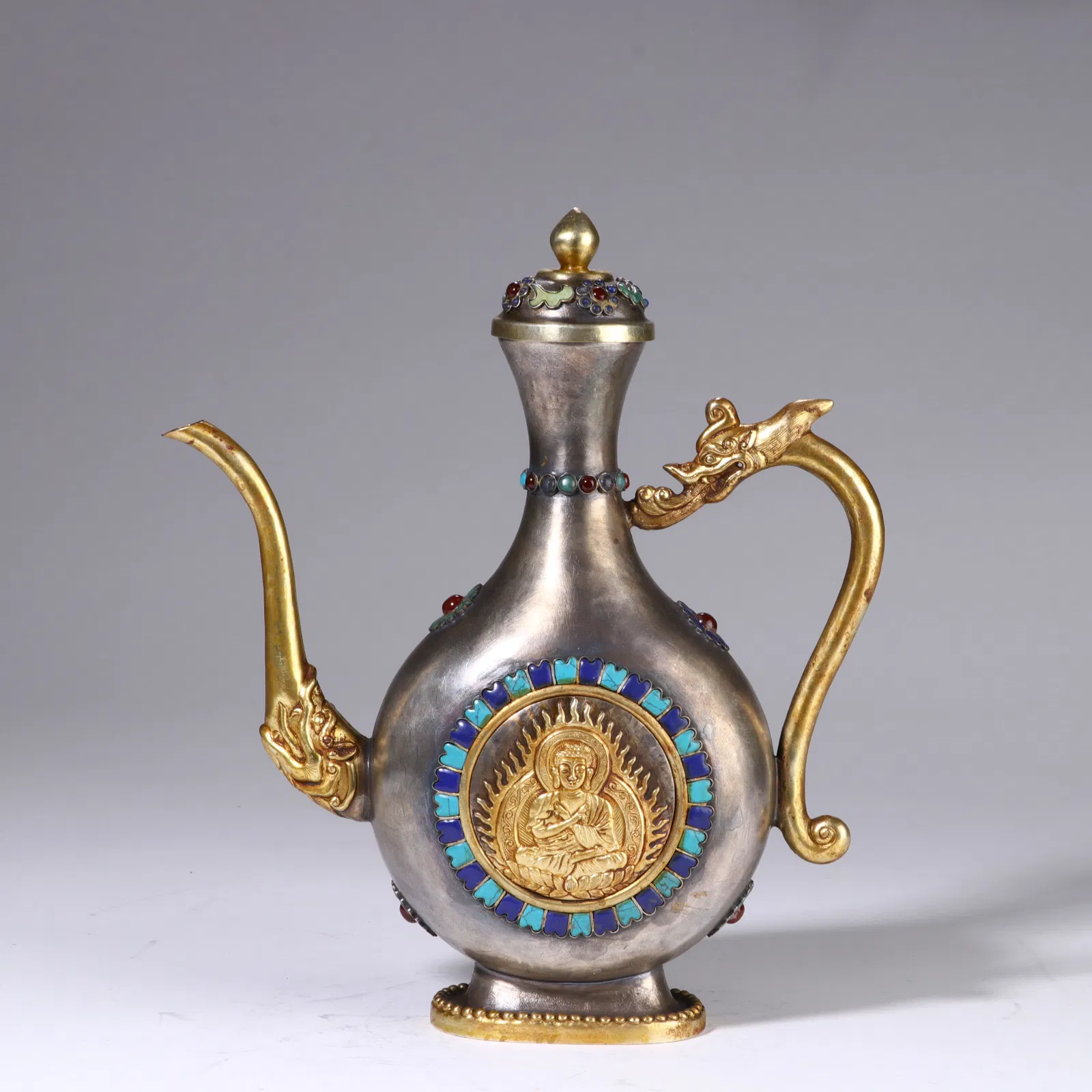 A HARDSTONES INALID BRONZE PARTLY GILT EWER