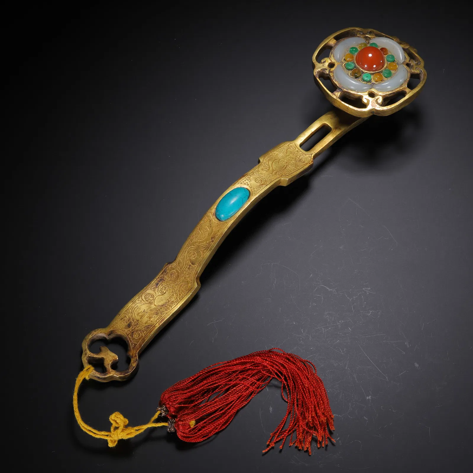 A HARDSTONES INLAID BRONZE-GILT RUYI SCEPTER