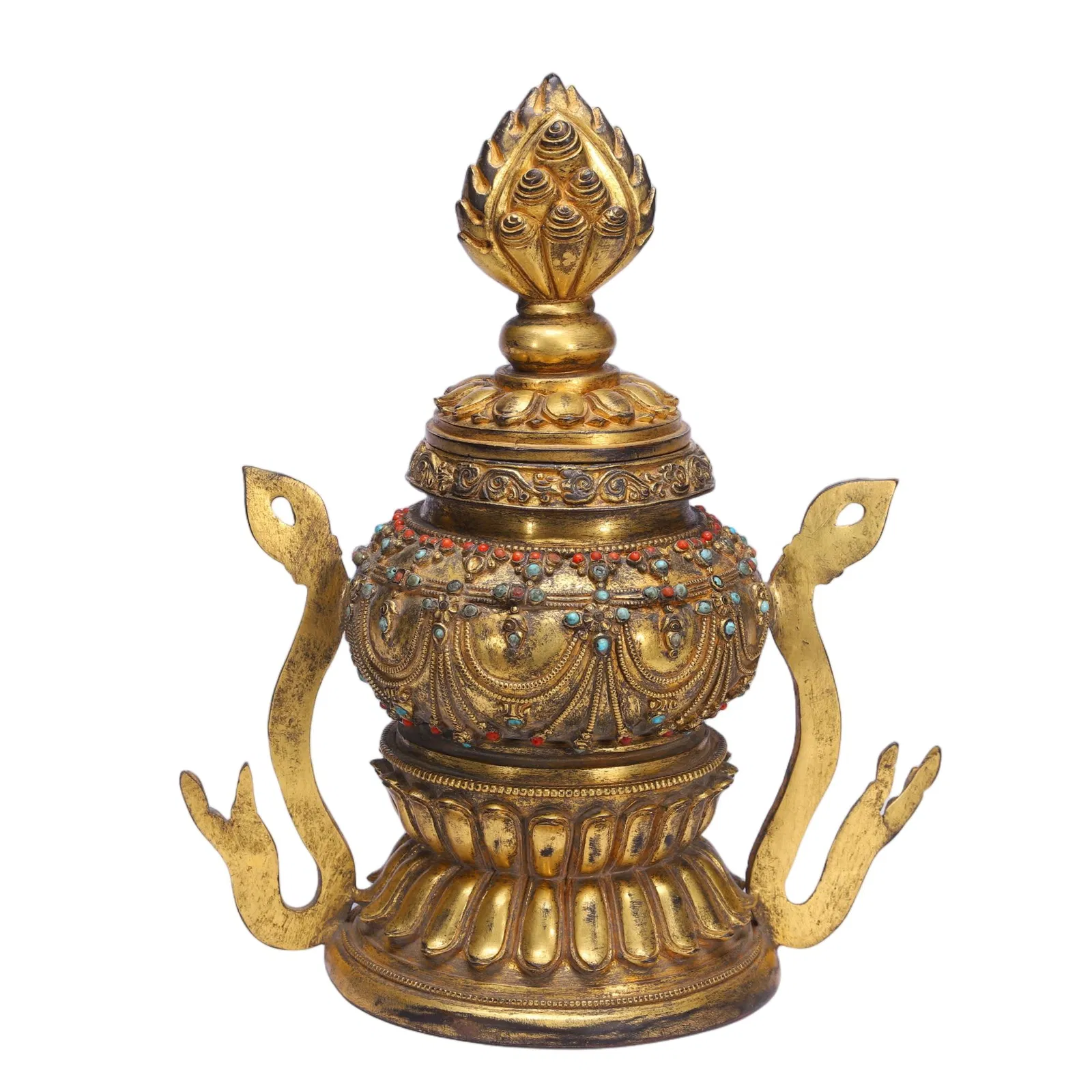 A HARDSTONES INLAID BRONZE-GILT STUPA