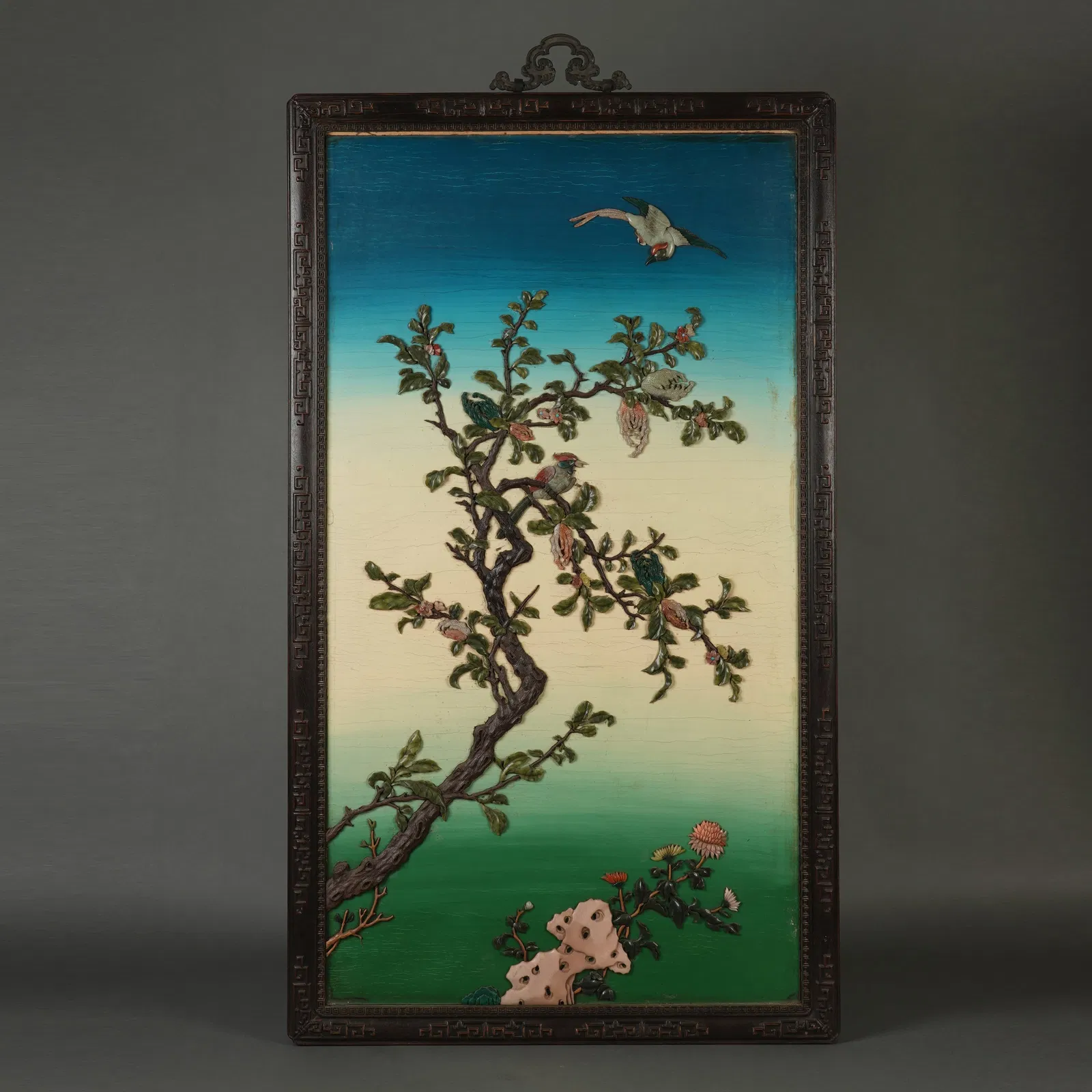 A HARDSTONES INLAID LACQUER HANGING PANEL