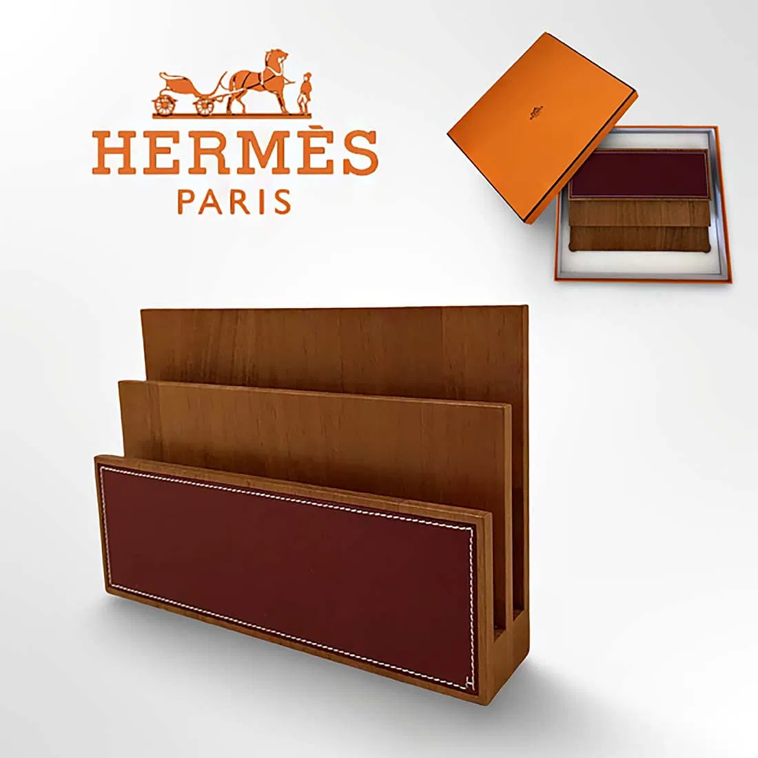 A Hermes Natural Mahogany Saddle-Stitched Leather Mail Sorter Box