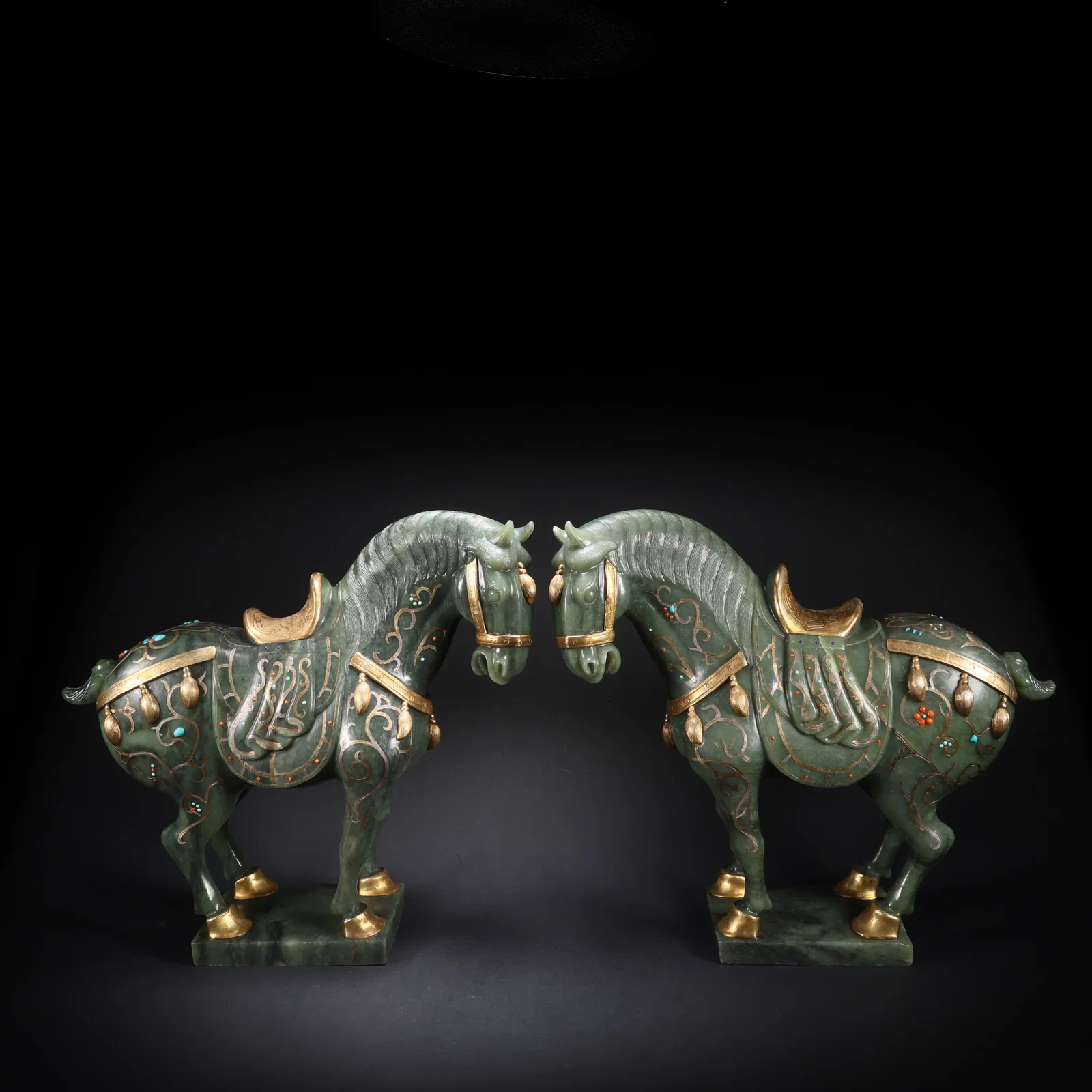 A HETIAN BIYU GOLD-GILDED INLAID GEM WAR HORSES, PAIR