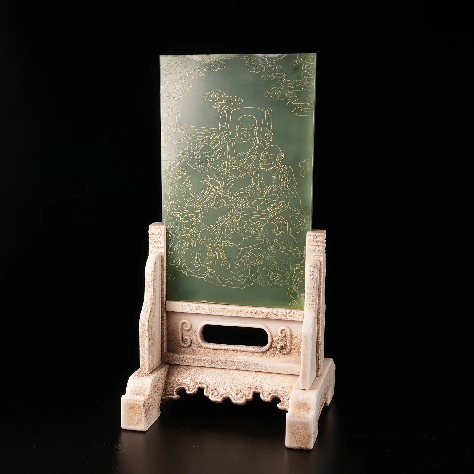A HETIAN GREEN JADE GILT BUDDHA SCREEN