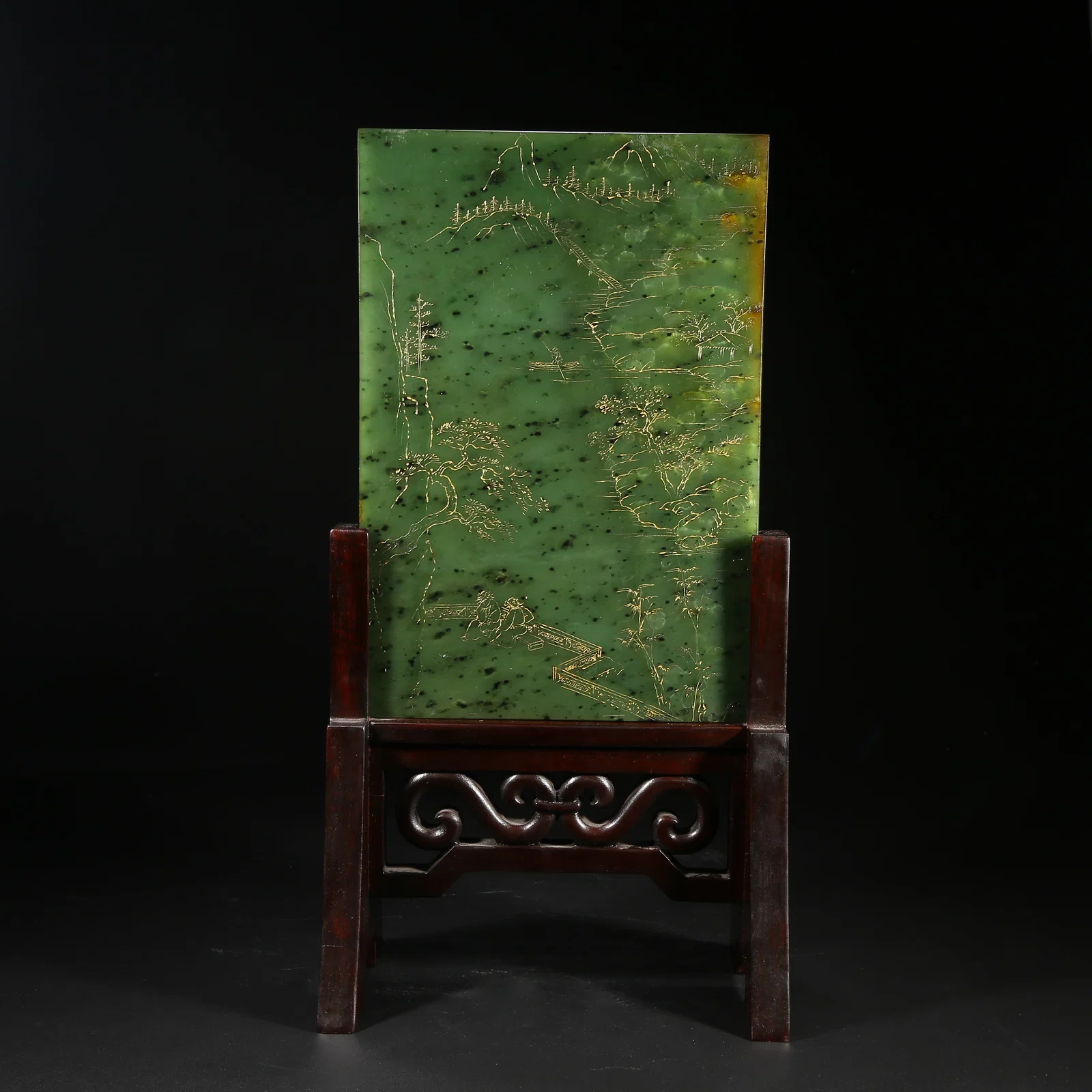 A HETIAN GREEN JADE GILT LANDSCAPE SCREEN