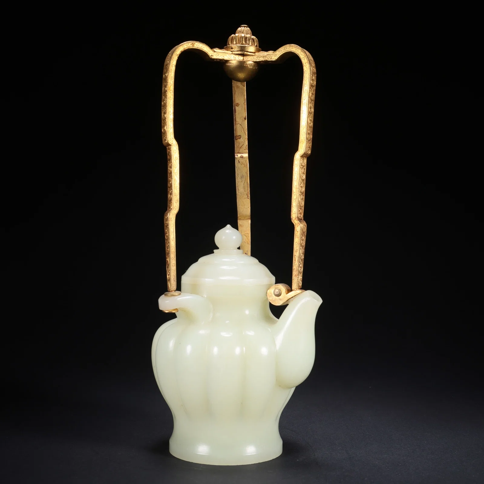 A HETIAN JADE BRONZE-GILT HANDLE MELON-LOBED TEAPOT