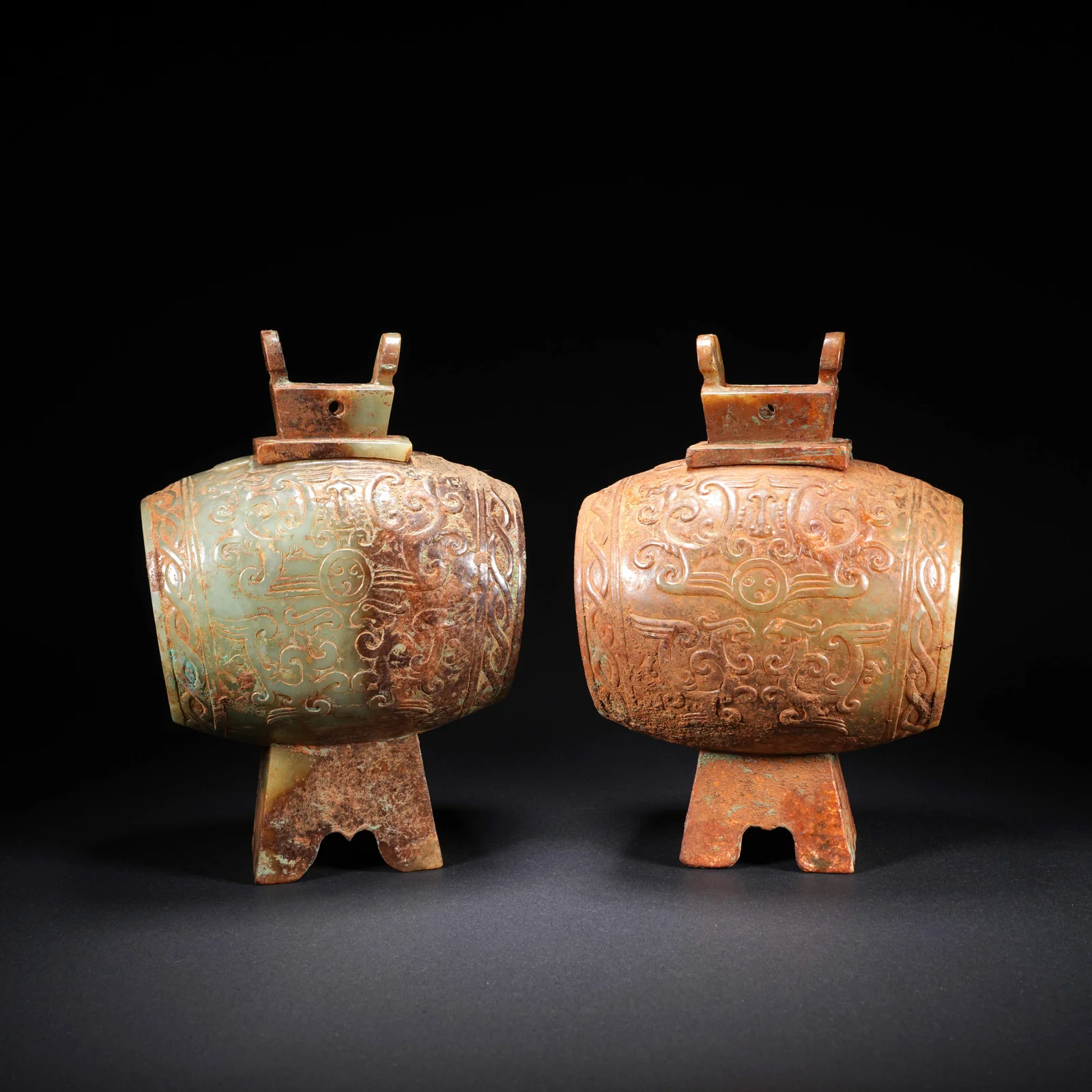 A HETIAN JADE CARVED CENSER WITH BEAST MOTIF (PAIR)