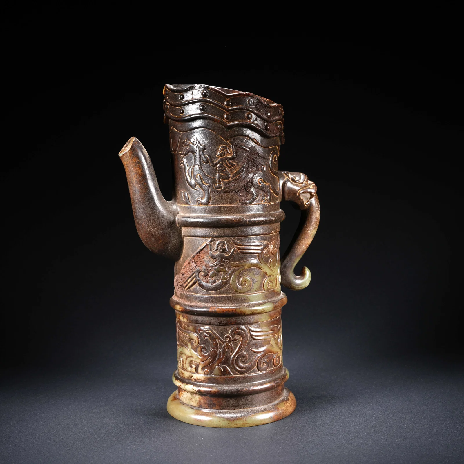 A HETIAN JADE CARVED EWER WITH DRAGON-AND-PHOENIX MOTIF
