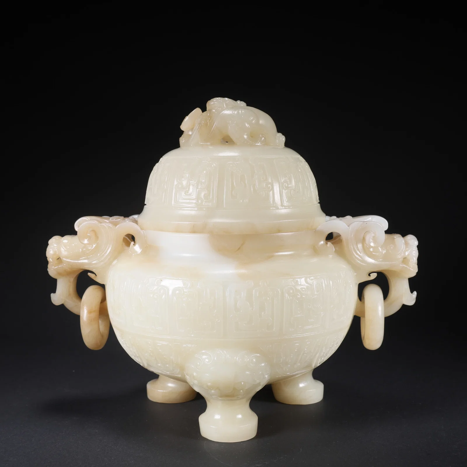 A HETIAN JADE COVERED CENSER WITH DOUBLE RINGS AND THREE DRAGONS