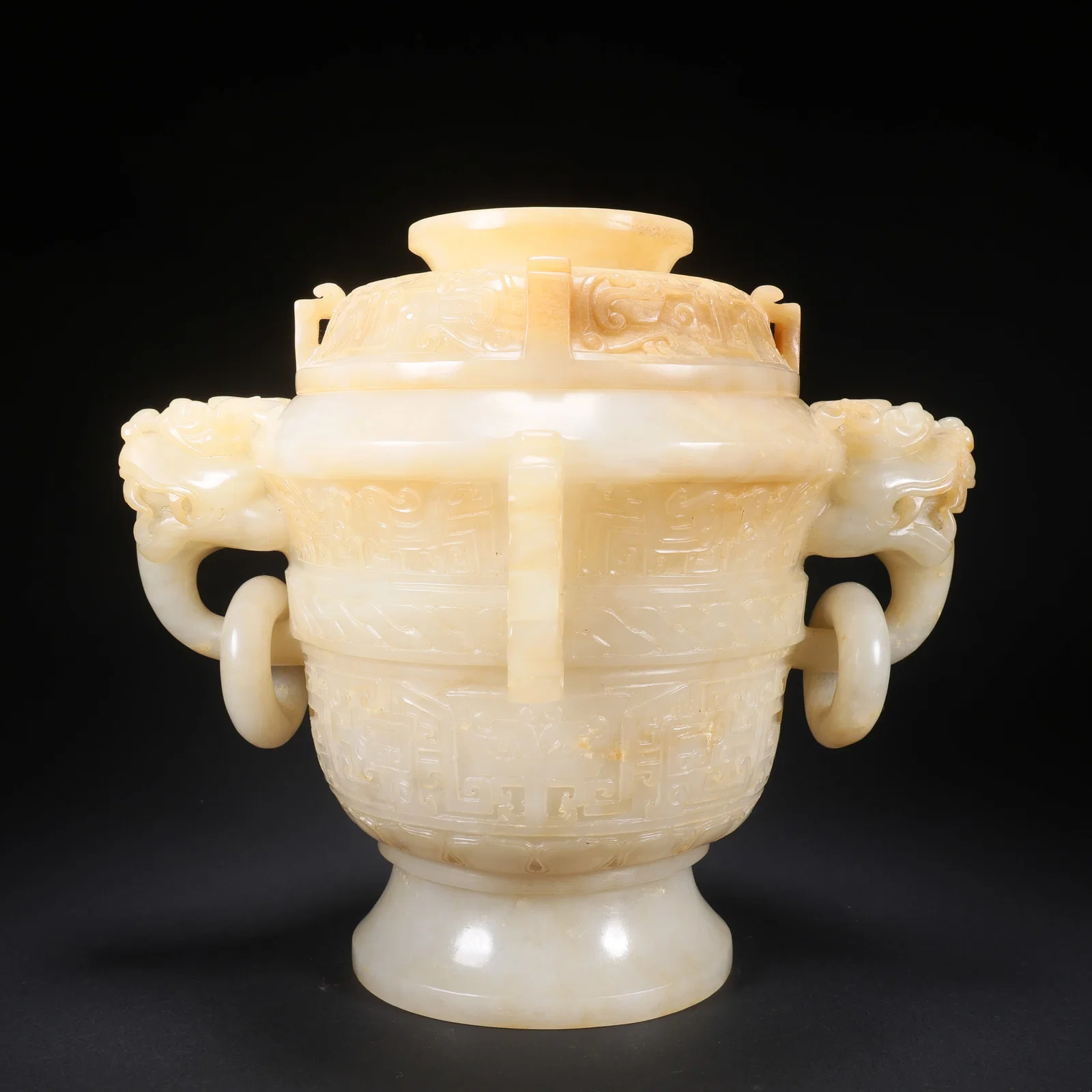 A HETIAN JADE COVERED CENSER WITH MOVABLE RING, DOUBLE BEAST HANDLES, AND BEAST FACE