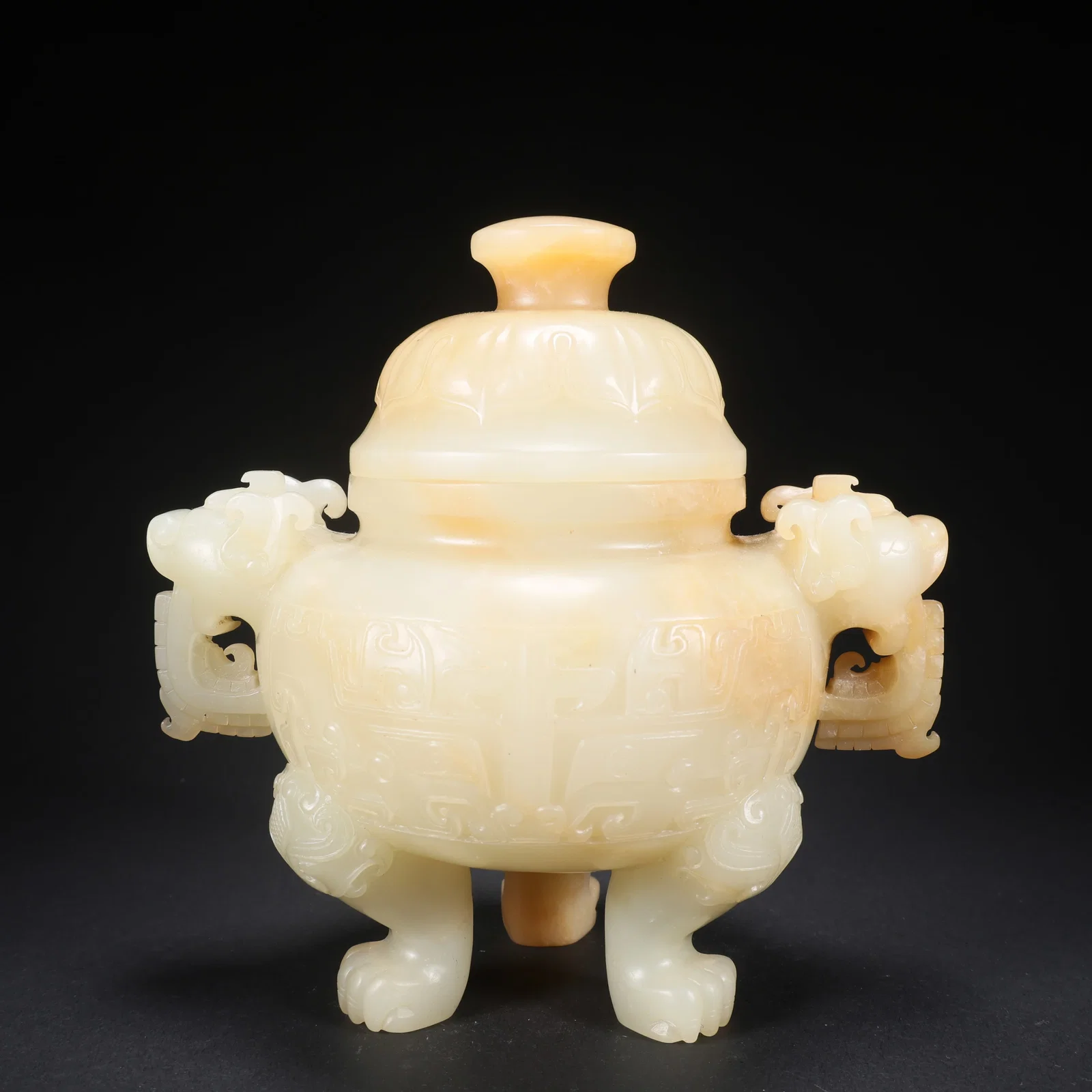 A HETIAN JADE COVERED CENSER WITH THREE BEAST PAW FEET AND DOUBLE BEAST FACE HANDLES