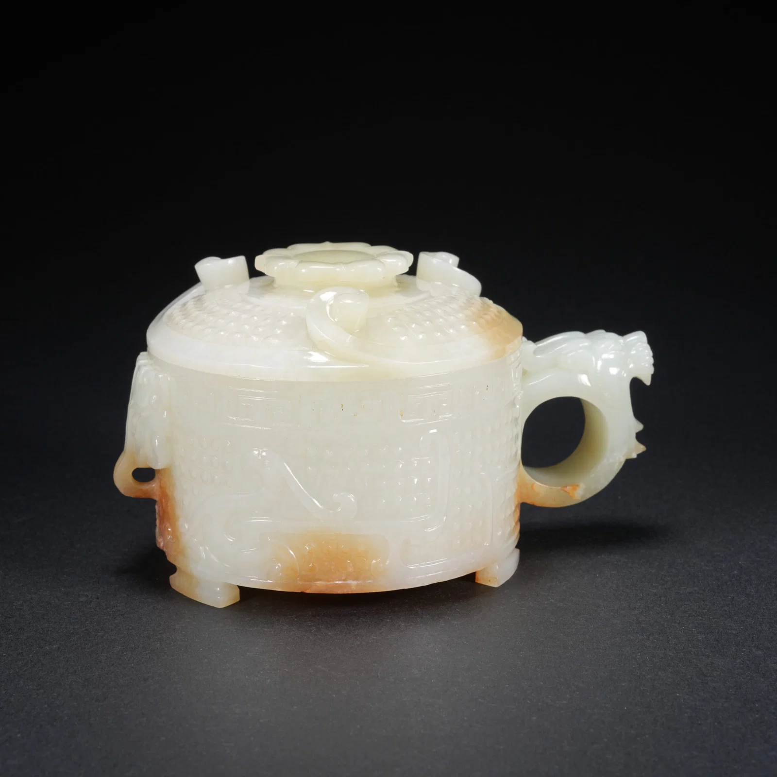 A HETIAN JADE COVERED CUP WITH BEAST-FACE DESIGN