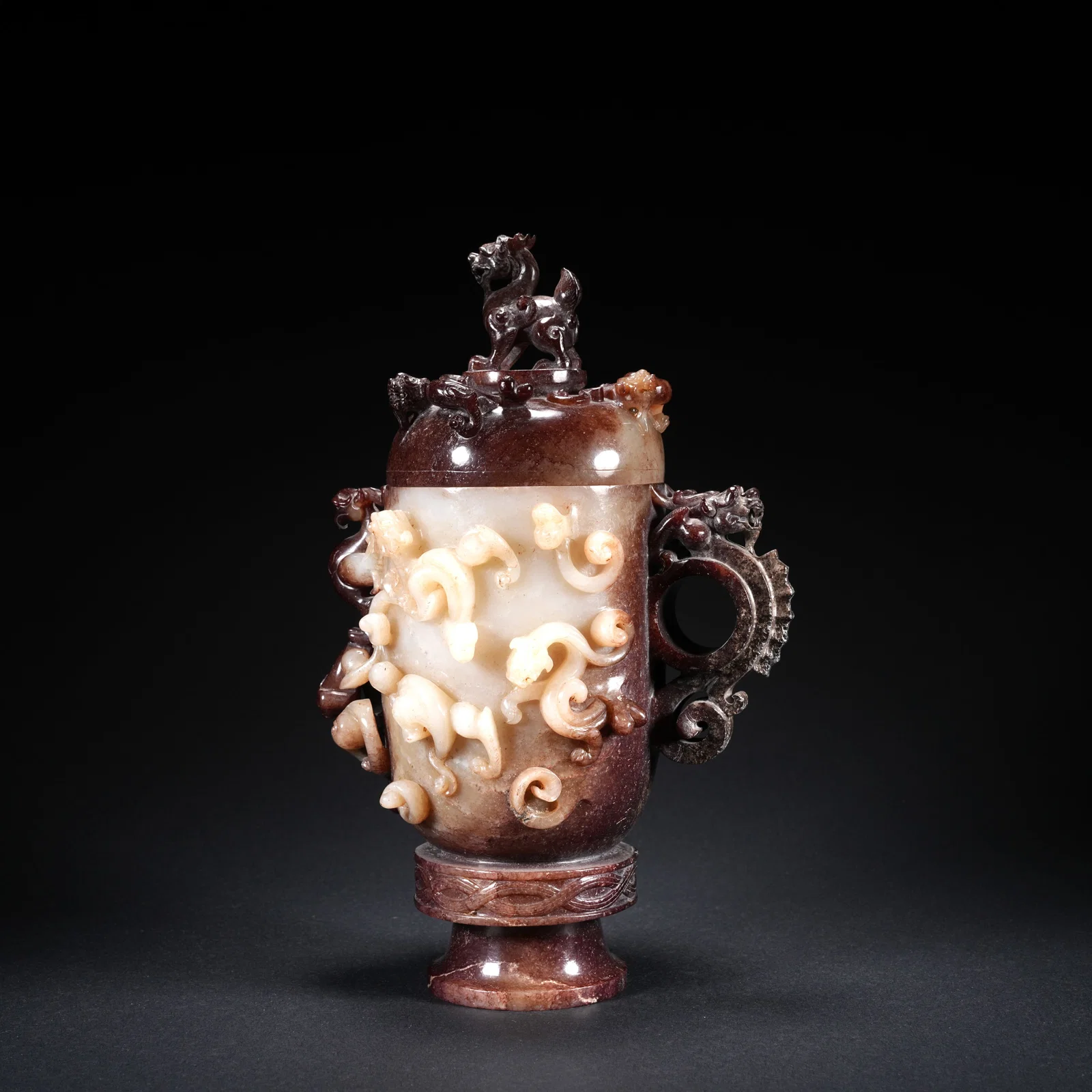 A HETIAN JADE COVERED CUP WITH BEAST FINIAL