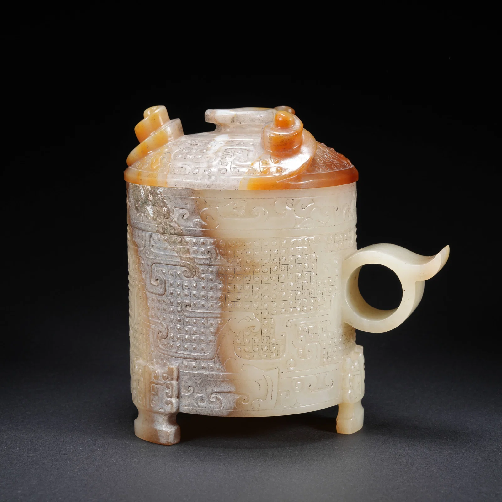 A HETIAN JADE COVERED CUP WITH BEAST-MASK MOTIF