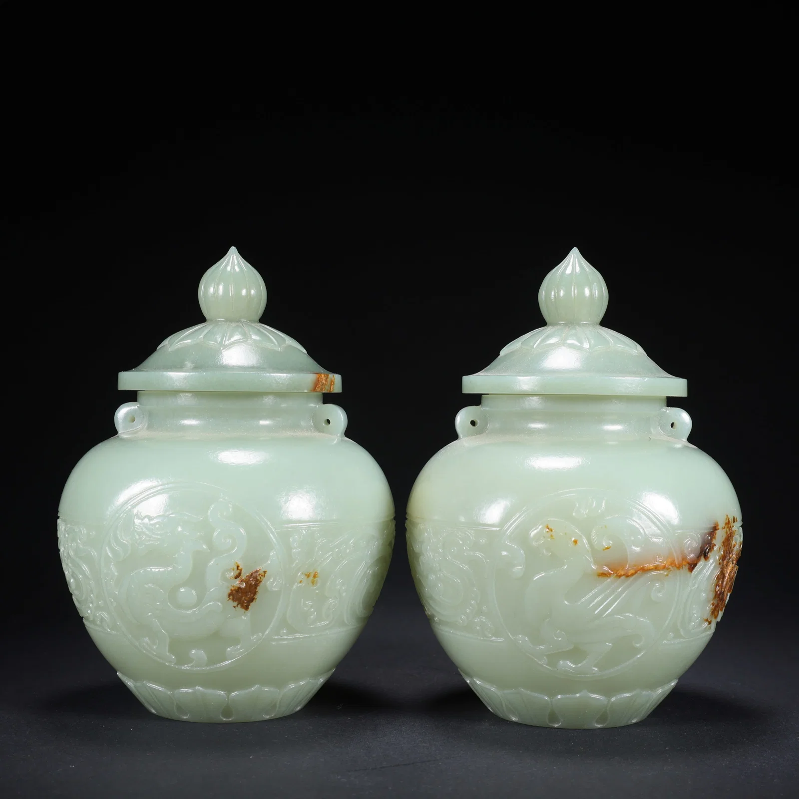 A HETIAN JADE COVERED JAR PAIR WITH FOUR DEITIES