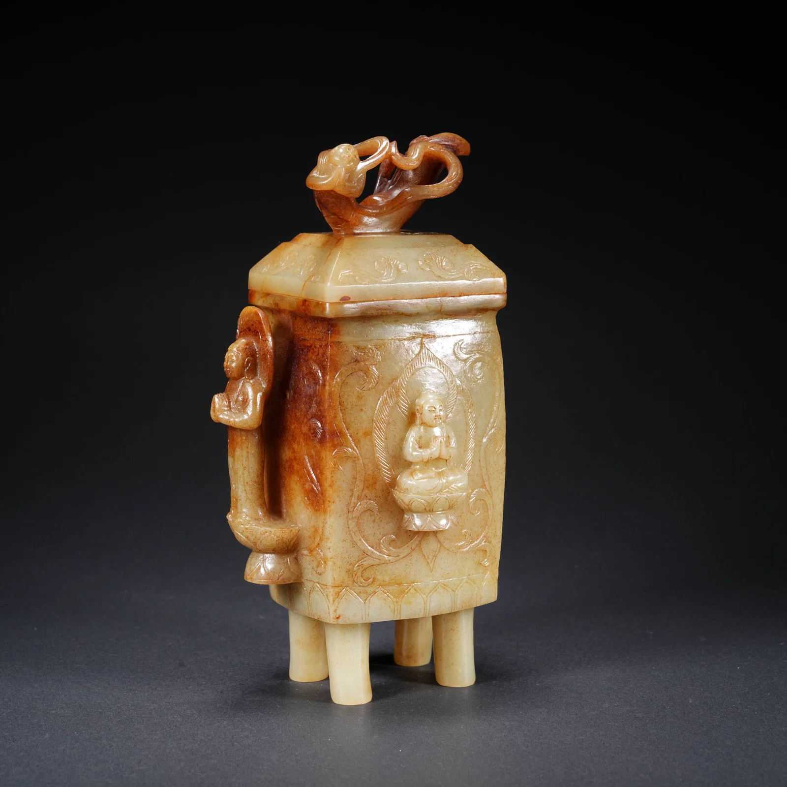 A HETIAN JADE COVERED VASE WITH BUDDHA MOTIF